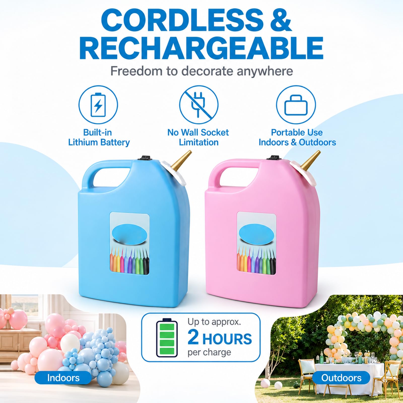 Bomba Recargable, Inflador de Globos Largos sin Cable, Autonomía 2 h