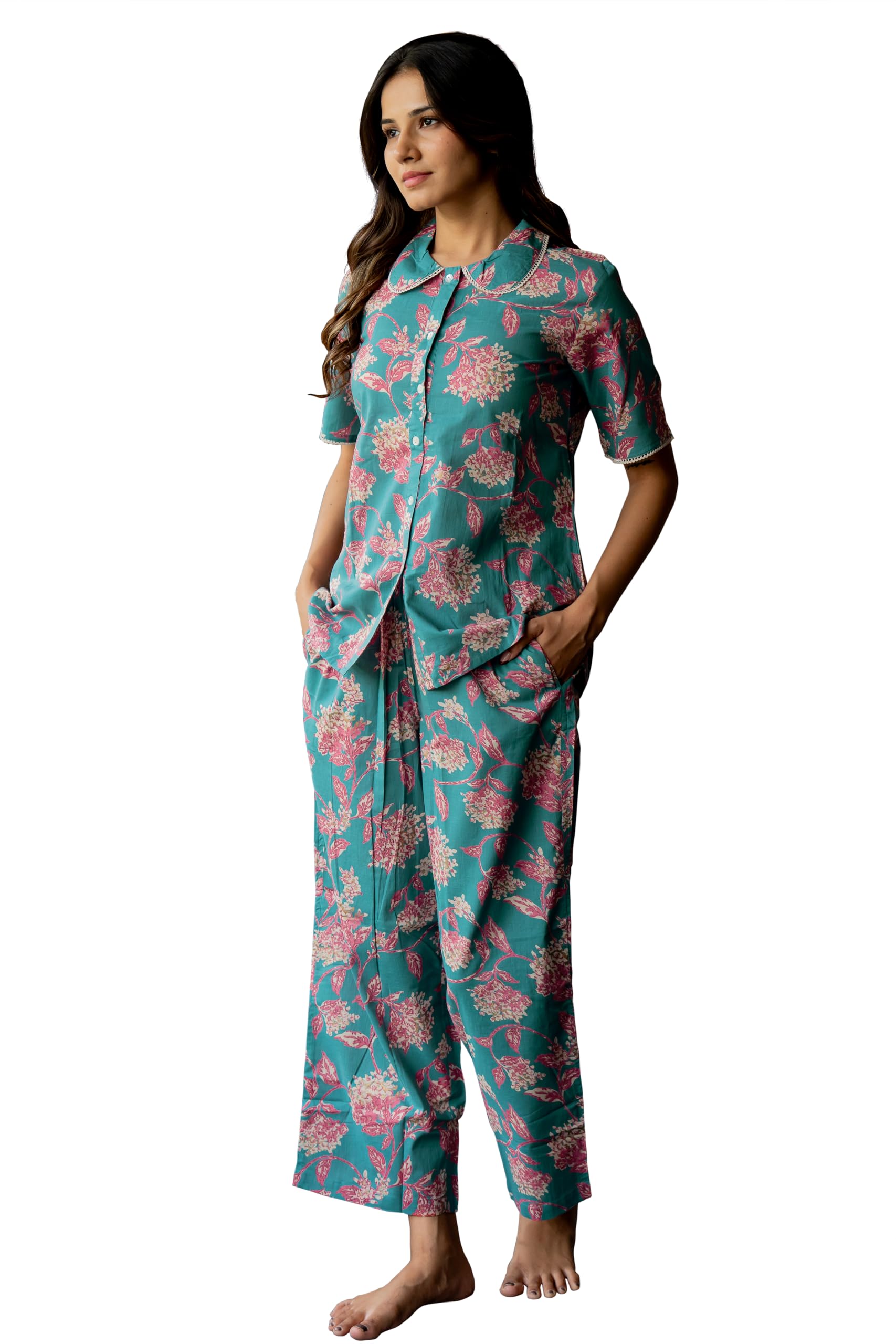 Cotton Women's Relax Fit Cotton Jaipuri Floral Printed Night Wear 2 Piece Pajama Set with Plazzo