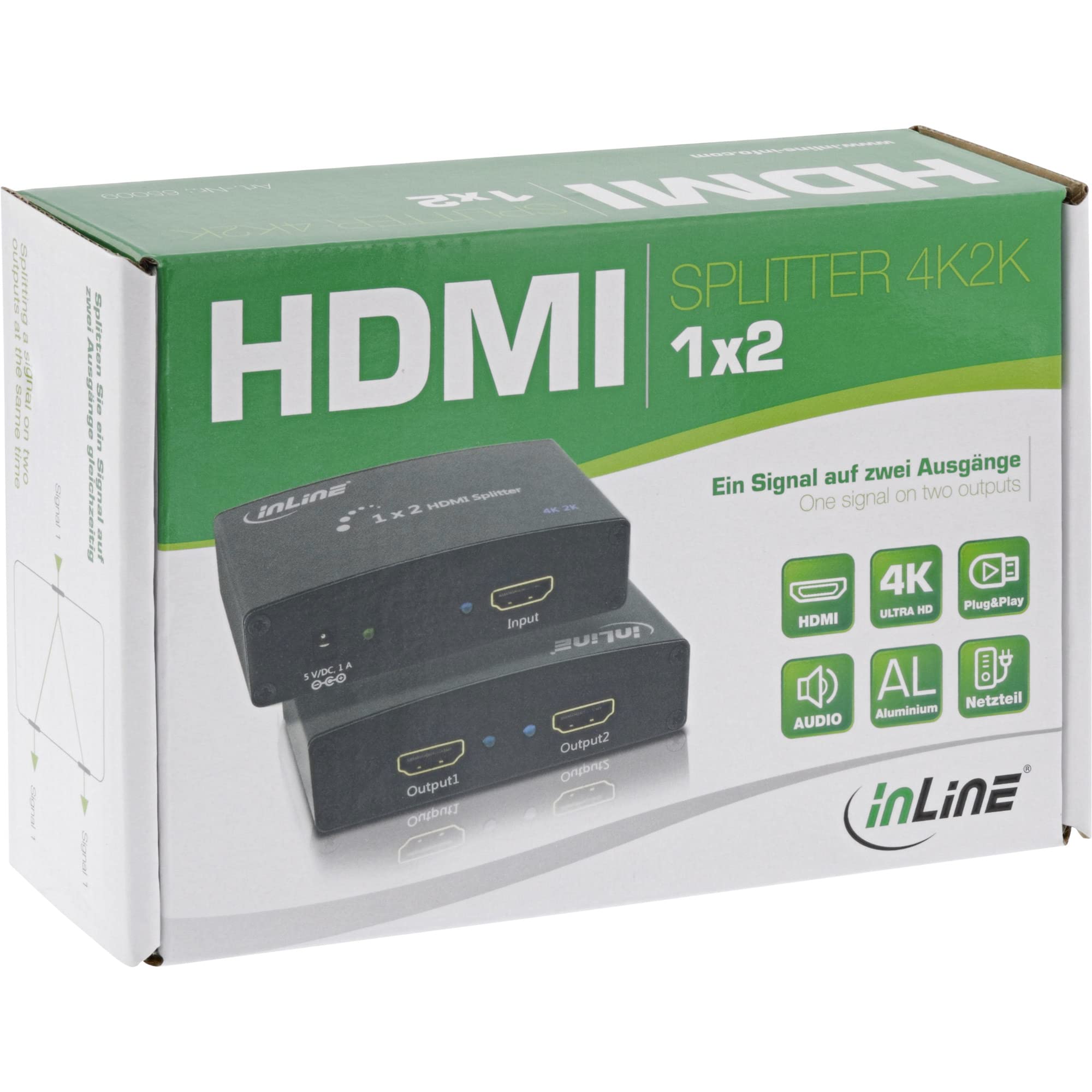 InLine 65009 - Distribuidor de HDMI (2 Pliegues, 4 Kx2 K, Compatible con 4 Unidades), Color Negro