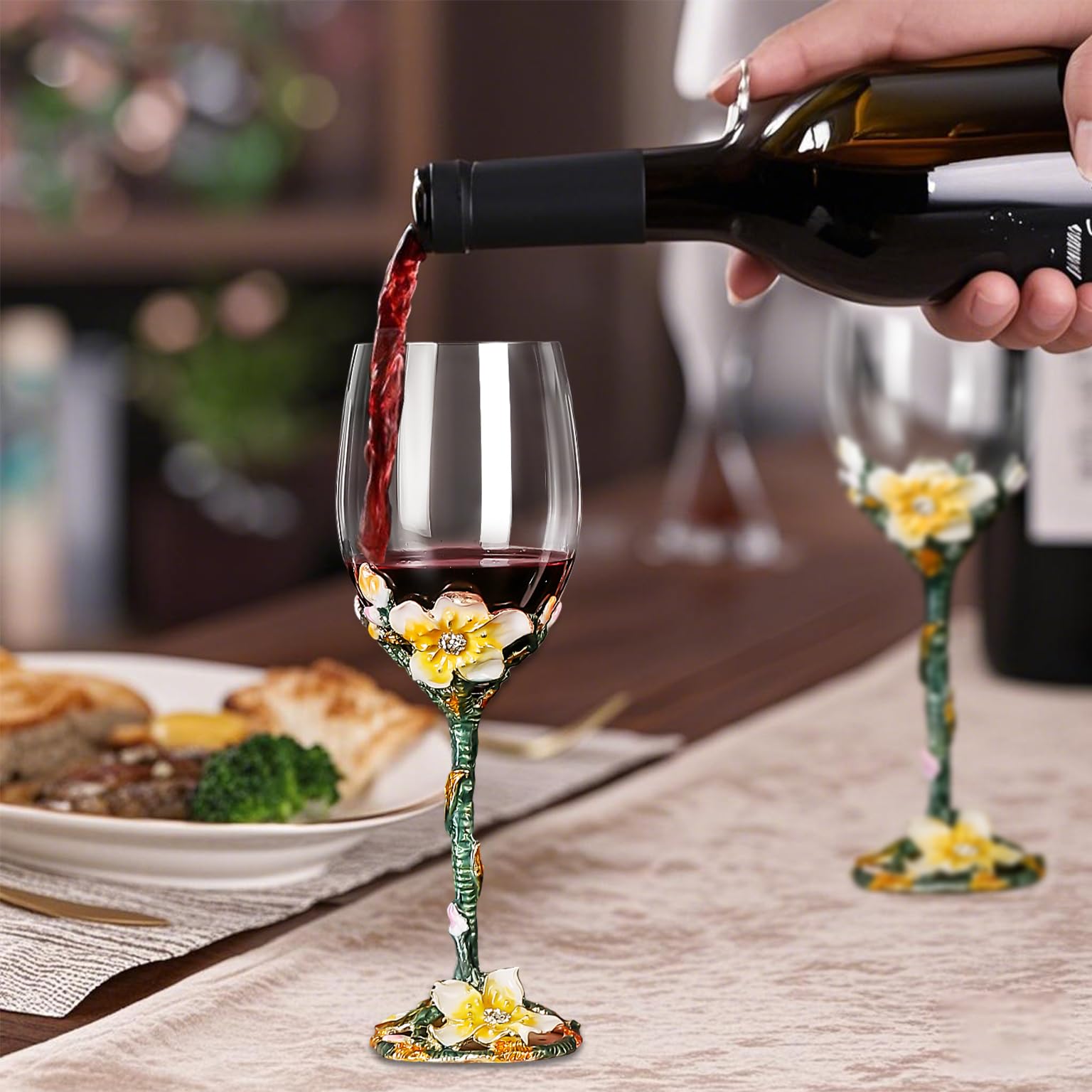 XUDREZ Painted Enamel Flower Lead-Free Wine Glasses,320ml/10.8 OZ Red/White Crystal Wine Glasses (Apricot Blossom Red) - Image 3