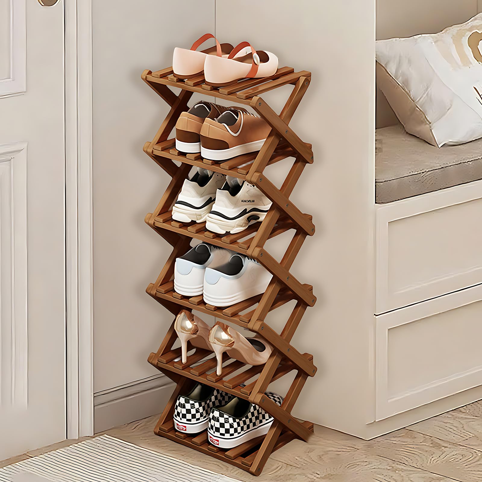 kiss me Zapatero plegable (modelo actualizado), zapatero portátil de madera, zapatero alto y estrecho, sin instalación (marrón, 6 niveles)