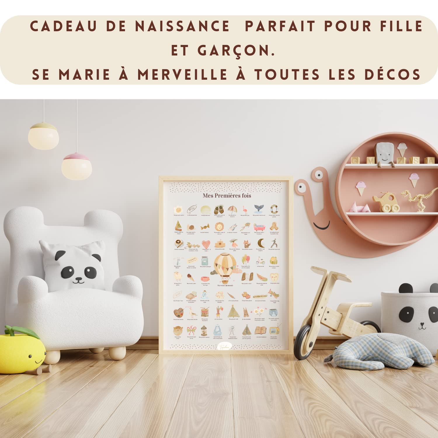 TIPICHOU Affiche mes premières fois à tamponner Cadeau naissance bébé fille garcon, boite souvenir parents, femme enceinte jeune maman (COFFRET Affiche A2+Cadre baguette+Tampon)
