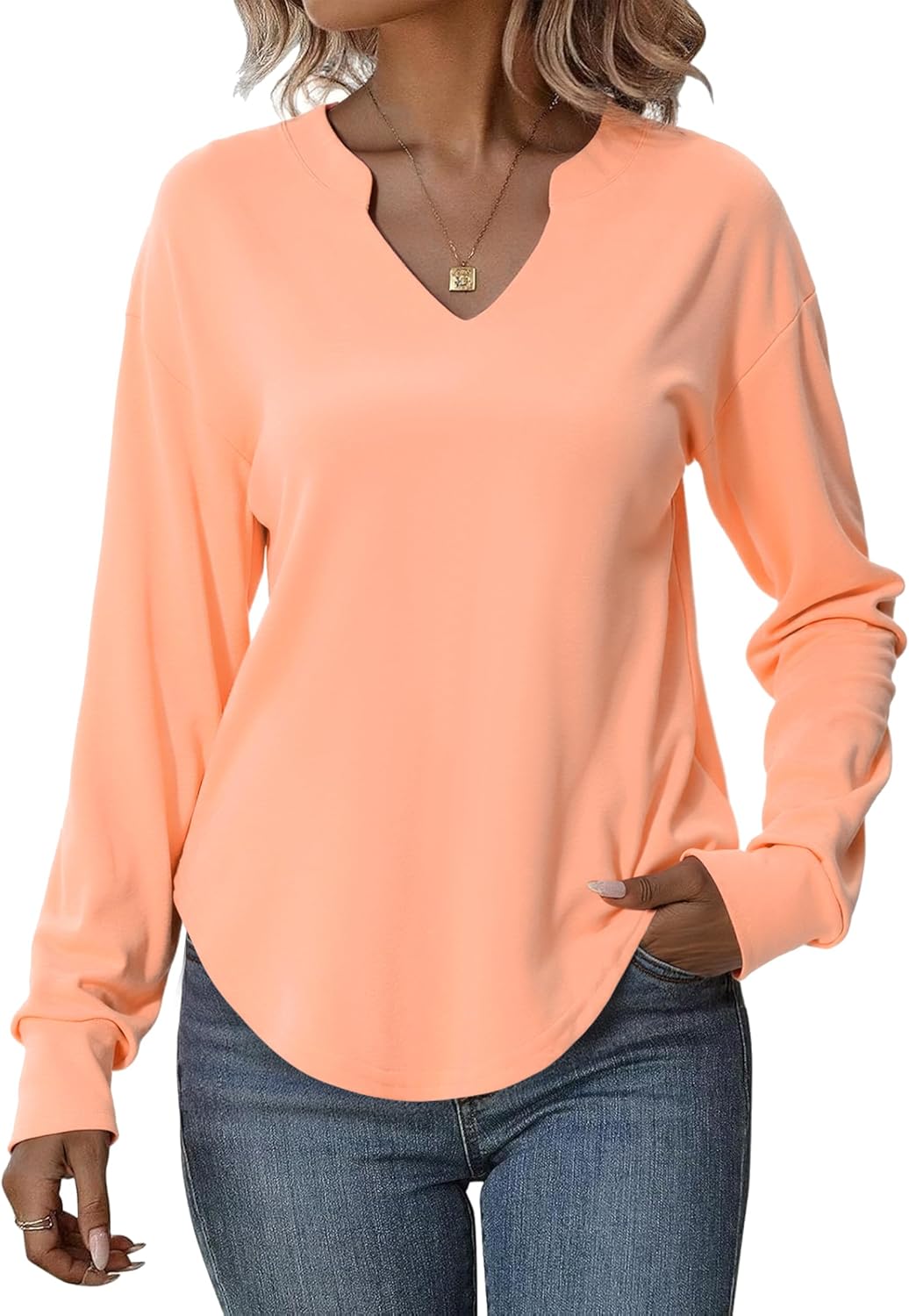 Totatuit Sweatshirts for Women V Neck Long Sleeve Shirts Loose Lightweight Curved Hem Casual Pullover Tops 2025 Fall Coral Small