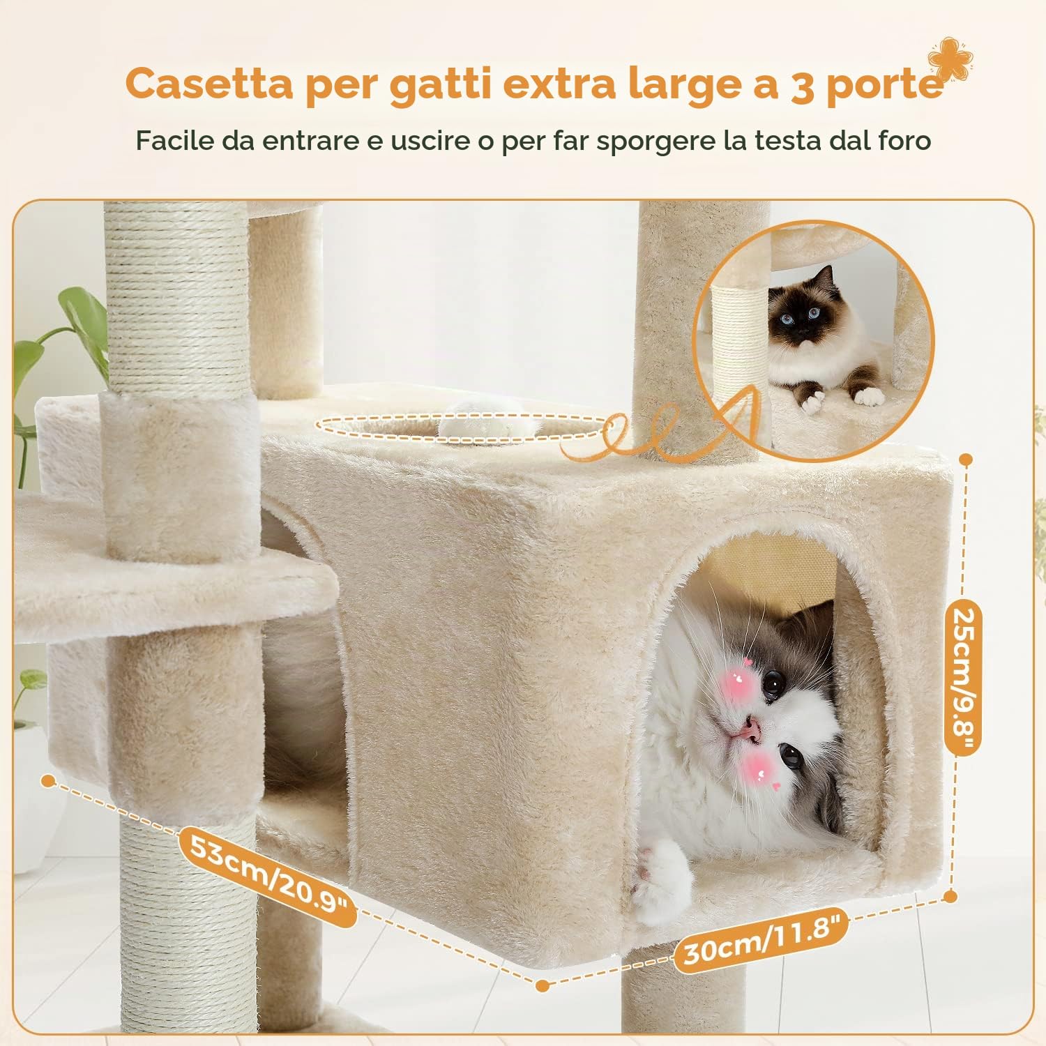 PAWZ Road Tiragraffi per gatti di grandi dimensioni, 184 cm, torre grande con tiragraffi e cuscinetti rivestiti in sisal, 2 posatoi imbottiti, doppio condominio e cestino per gatti da interni, beige