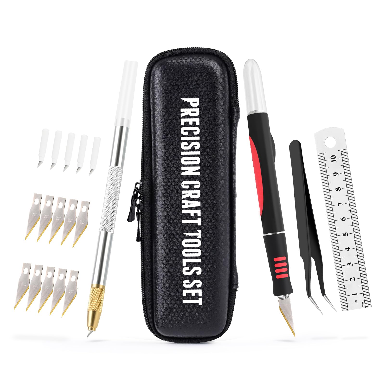 EHDIS Kit de Cuter Manualidades -Cutter de Precision 360°, Bisturi mango de Silicona Antideslizante, Pinzas y Regla de acero, para Trabajos de Arte y Bricolaje, Cuchillo Cortador DIY