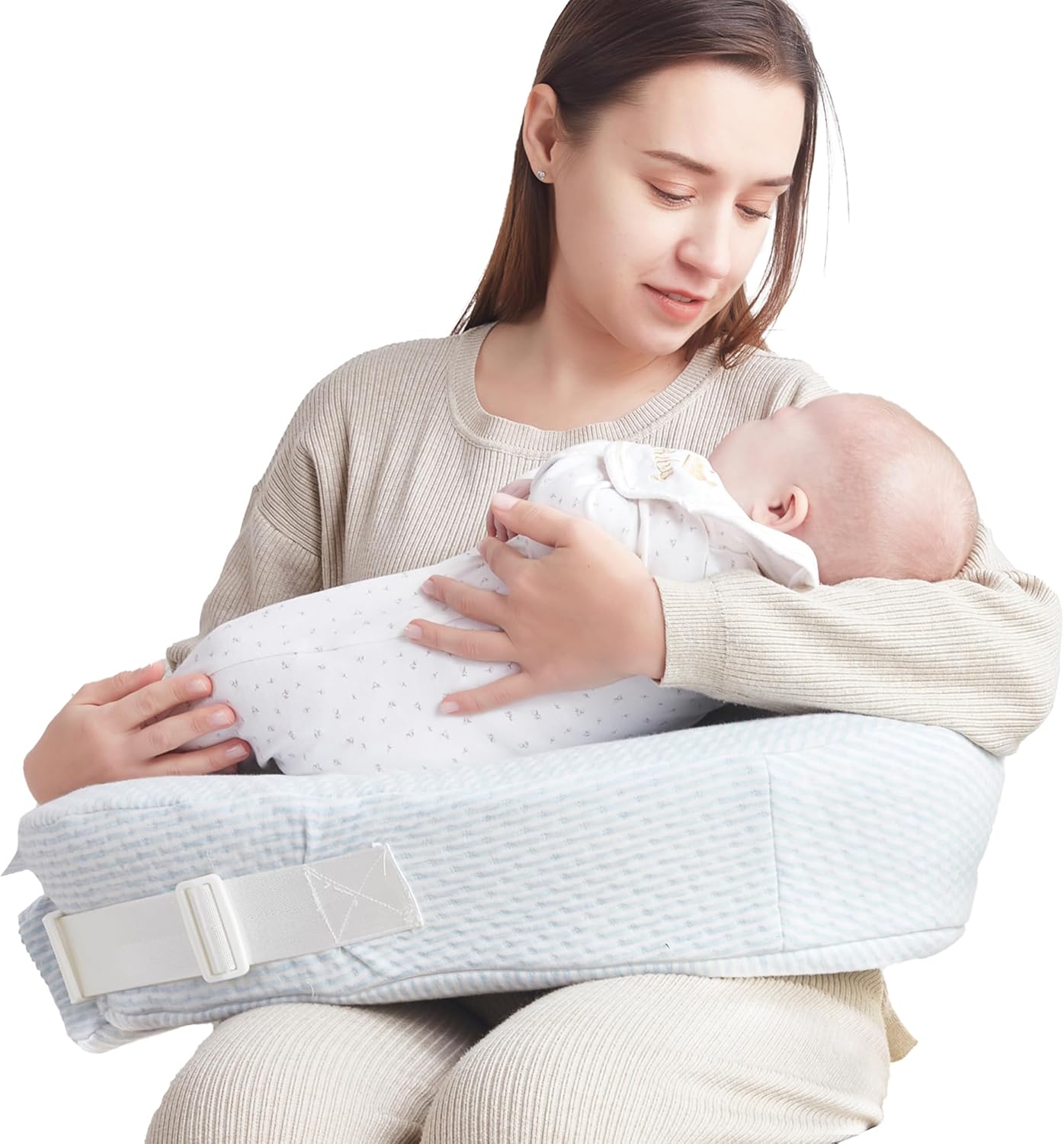 QSTEHEML Nursing Pillow Super Deluxe Original for Breastfeeding and Bottle Feeding, Large Ergonomic Support for Mom and Baby, Adjustable Waist Strap, Removable Cover, Memory Foam, Blue Stripes