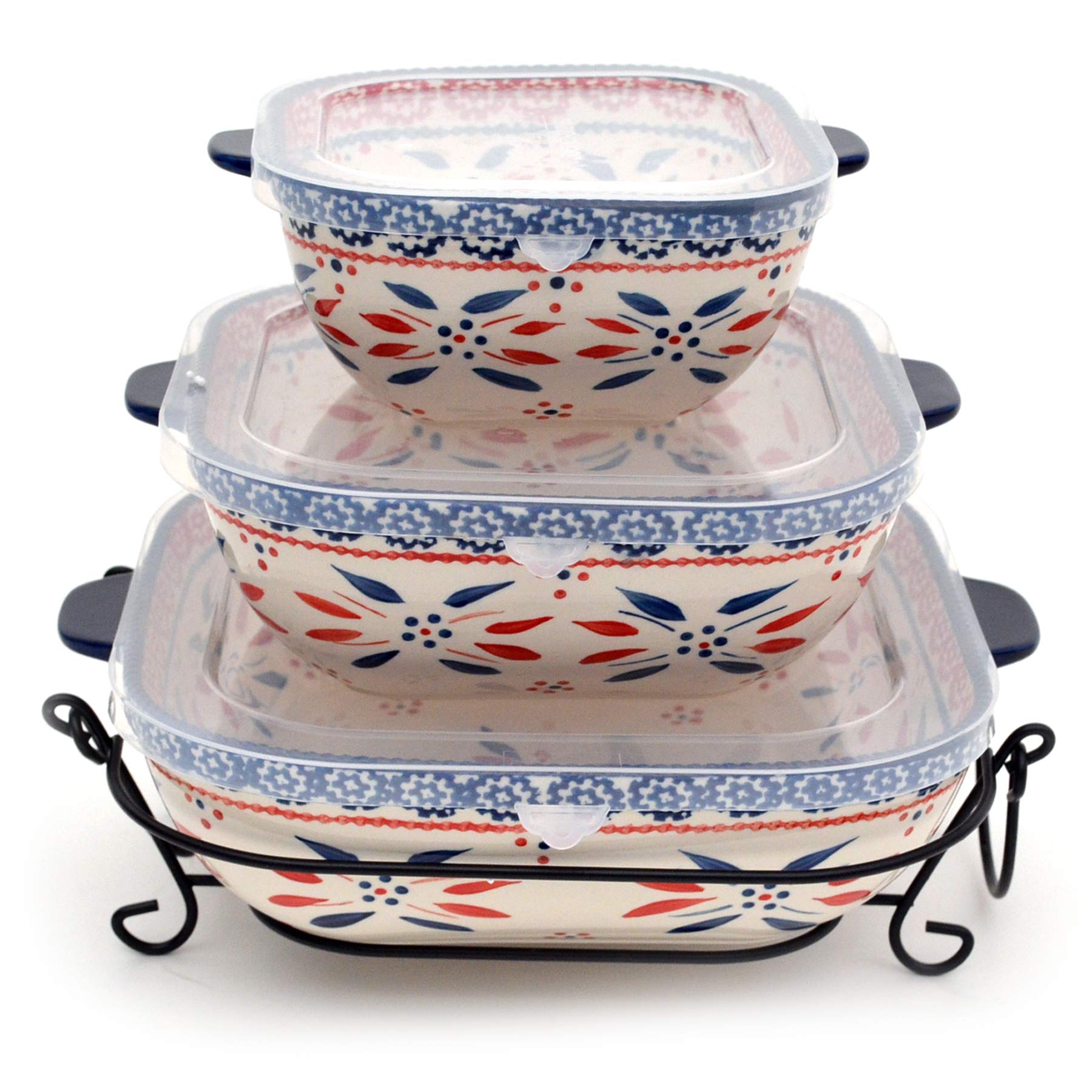 temp-tations® Old World Nested Square Bakerware Set - 3 Piece - Fireworkfetti - Oven Microwave Freezer Refridgerator Safe Ceramic hand painted bakeware for baking serving kitchen cooking gift