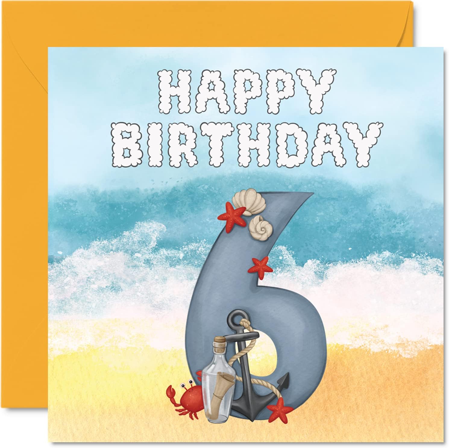 6th Birthday Card Unisex - Seaside Beach - Happy Birthday Card 6 Year Old Boys Girls, 5.7 x 5.7 Inch Greeting Card for Son Daughter Brother Sister Grandson Granddaughter Niece Nephew Cousin