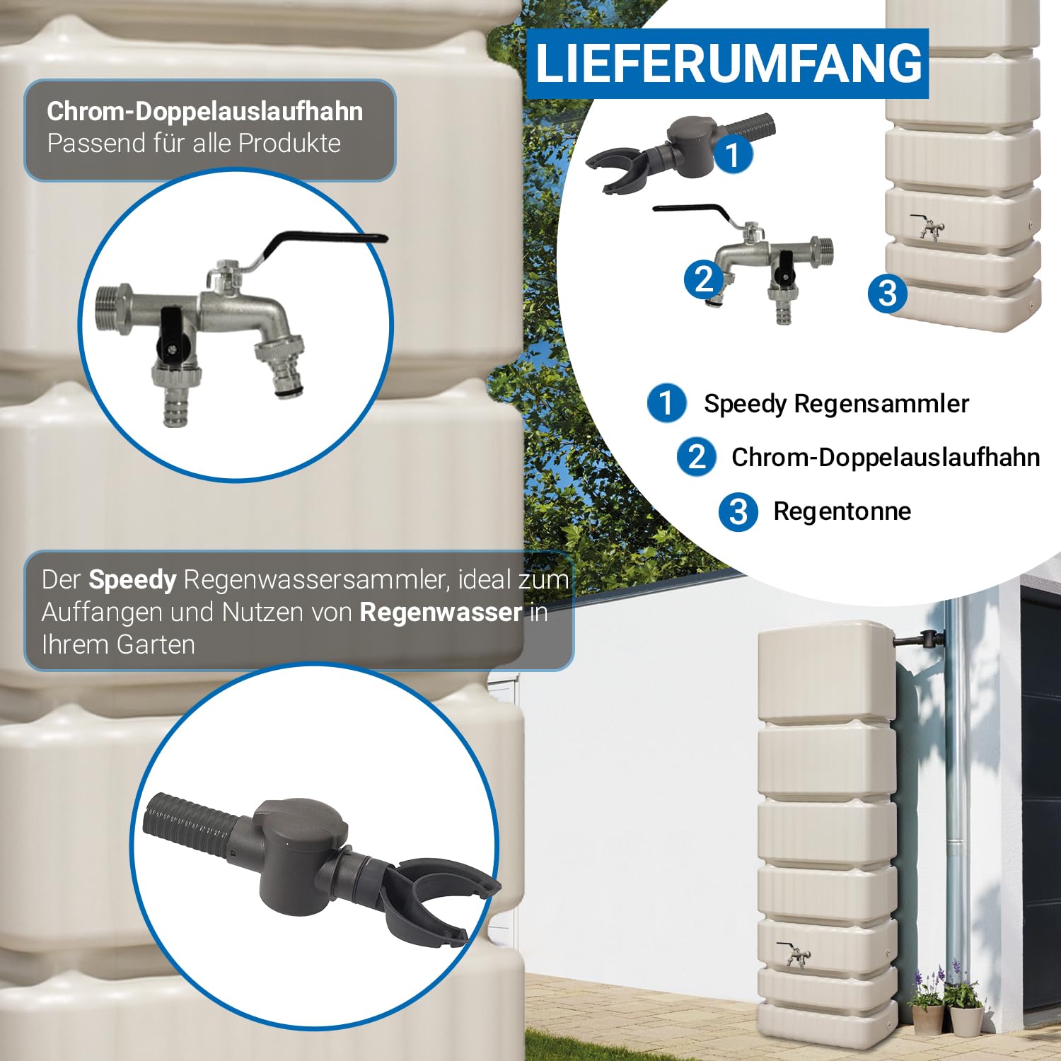 4rain Slim Regentonne Wandtank Komplett-Set 350 Liter sandbeige