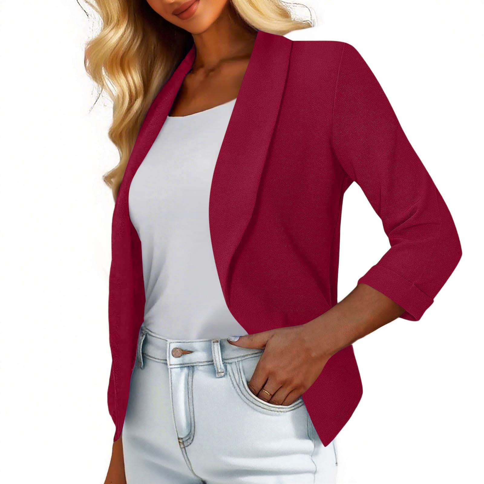 Womens 3 4 Sleeve Cropped Blazer Business Causal Lightweight Open Front Cardigan Jackets Slim Work Office Blazers