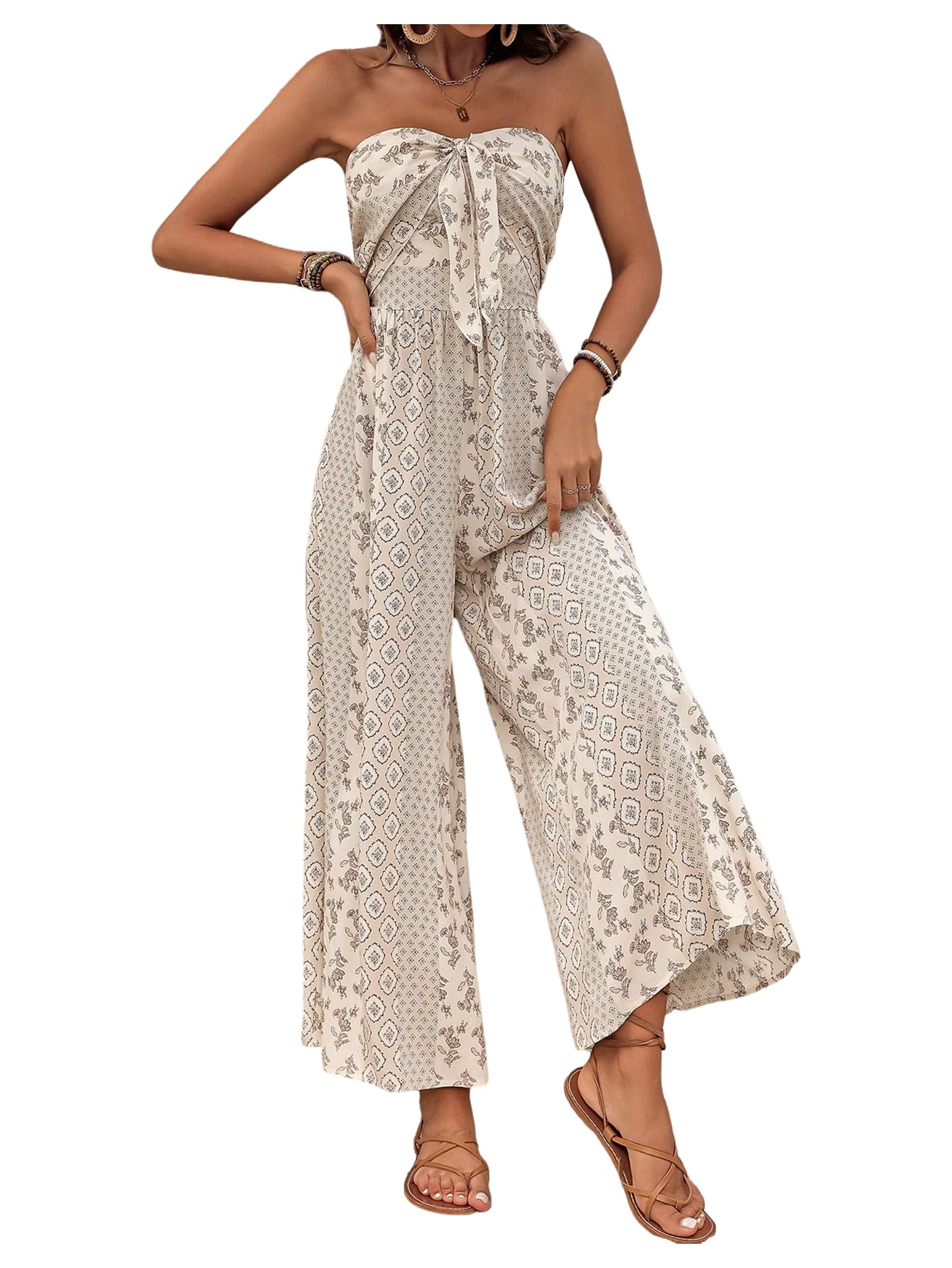 Women's Boho Print Strapless Jumpsuit Knot Front Wide Leg Pants Romper-image-10