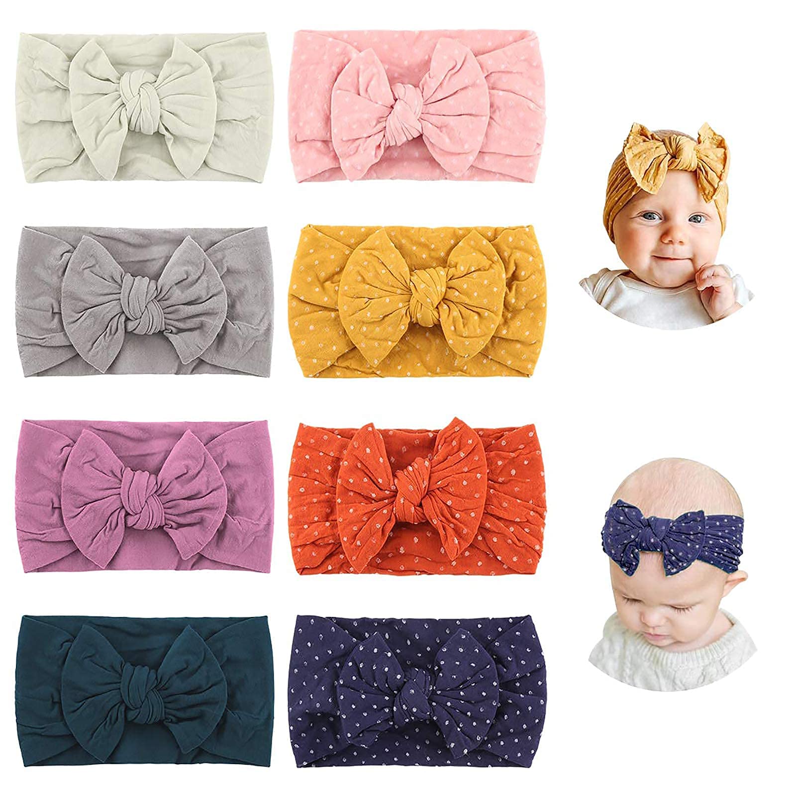 MakoneBaby Headband, Stretchy Dot Headband with Bows, Pom Pom Bun, 5.5 Inches, Big Hair Bow Headband for Infant Babies, Multicoloured, Pack of 8