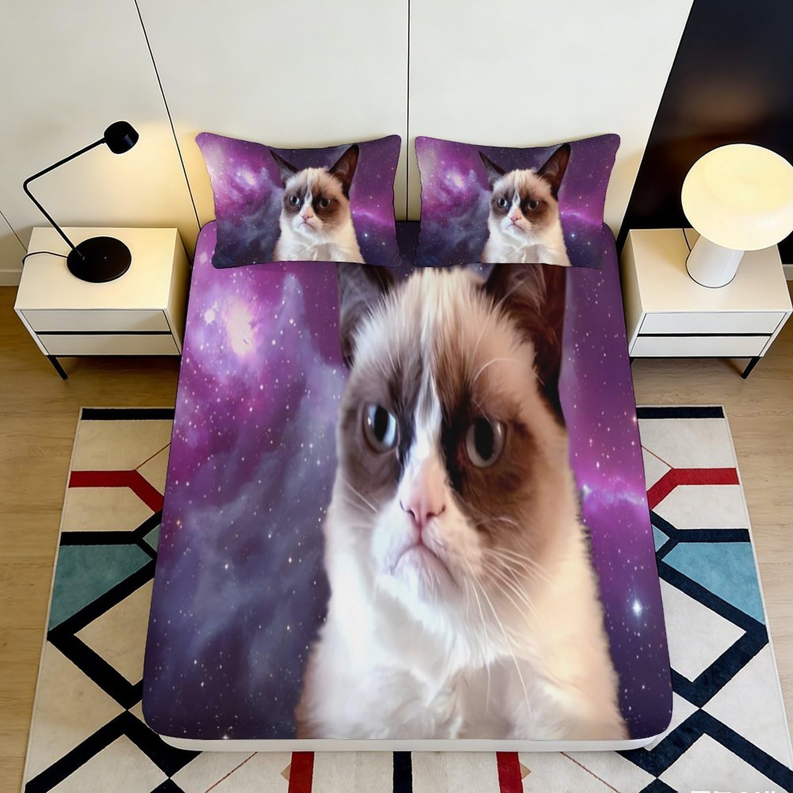 Jqzkxnhpbr Style-10 3D Printed Galaxy Cat Fitted Sheet Microfiber Purple Cosmic Nebula Mattress Cover Anti-Slip Bedroom Decor Machine Washable 90X200x25cm