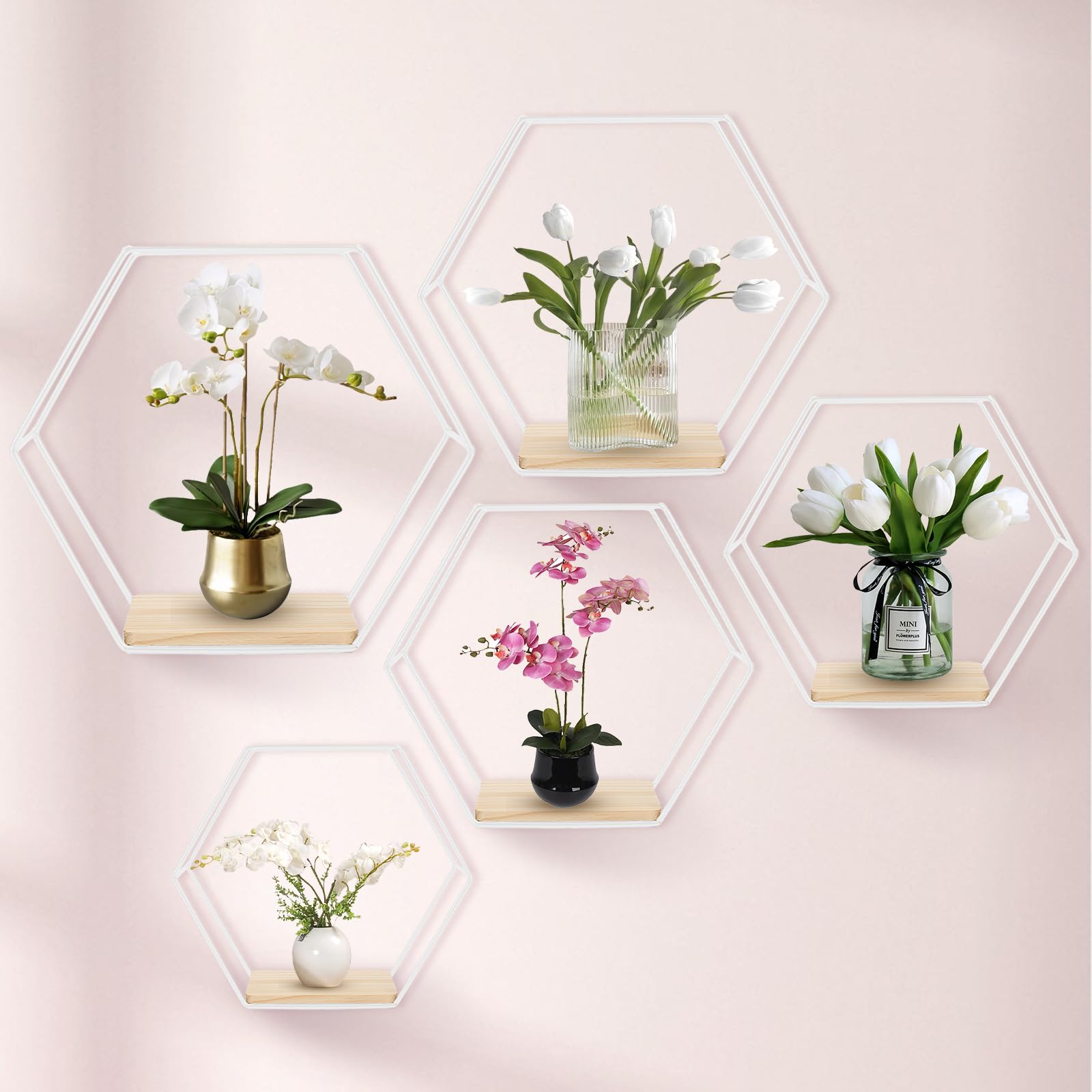 Juego de 5 estanterías de pared hexagonales de metal blanco, para decoración de pared, para salón, dormitorio, baño, cafetería y hotel
