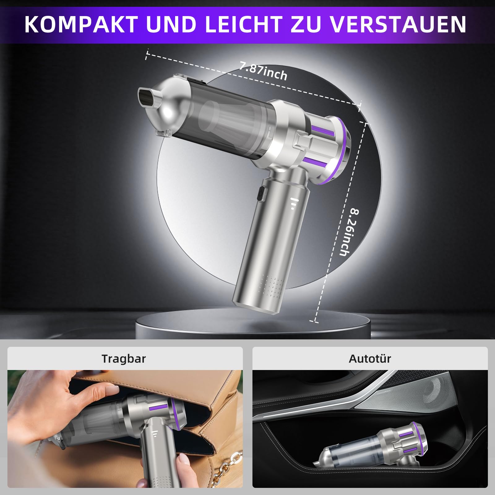 Handstaubsauger, 25000Pa Handstaubsauger Akku Kabellos mit 1-Knopf-Selbstentleerung, 4-in-1 Autostaubsauger Stark mit Bürstenlosem Motor, 3 Stufen Mini Staubsauger, Ideal für Tierhaare, Auto, Haushalt