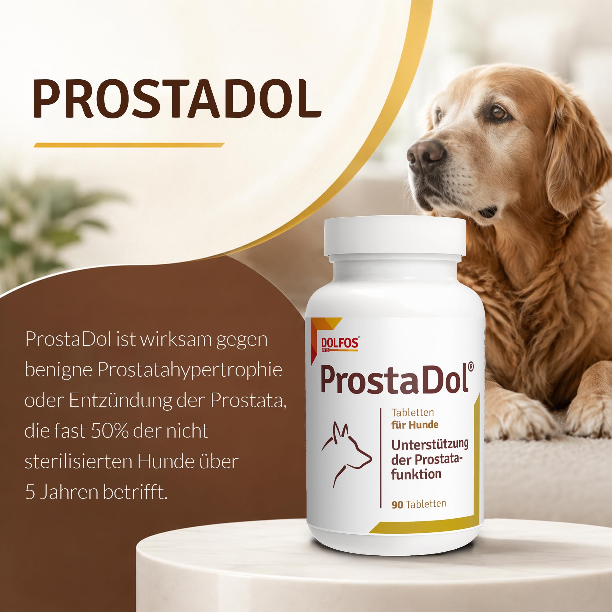 DOLFOS PETS ProstaDol, 90 Tabletten für Hunde, Prostata Hund & Harnwege unterstützen, Mit Kürbiskern Cranberry Hund, Natürliches Nahrungsergänzungsmittel bei Inkontinenz & Blasenschwäche