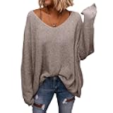 Women's V Neck Long Sleeve Knit Loose Oversized Pullover Sweater Top