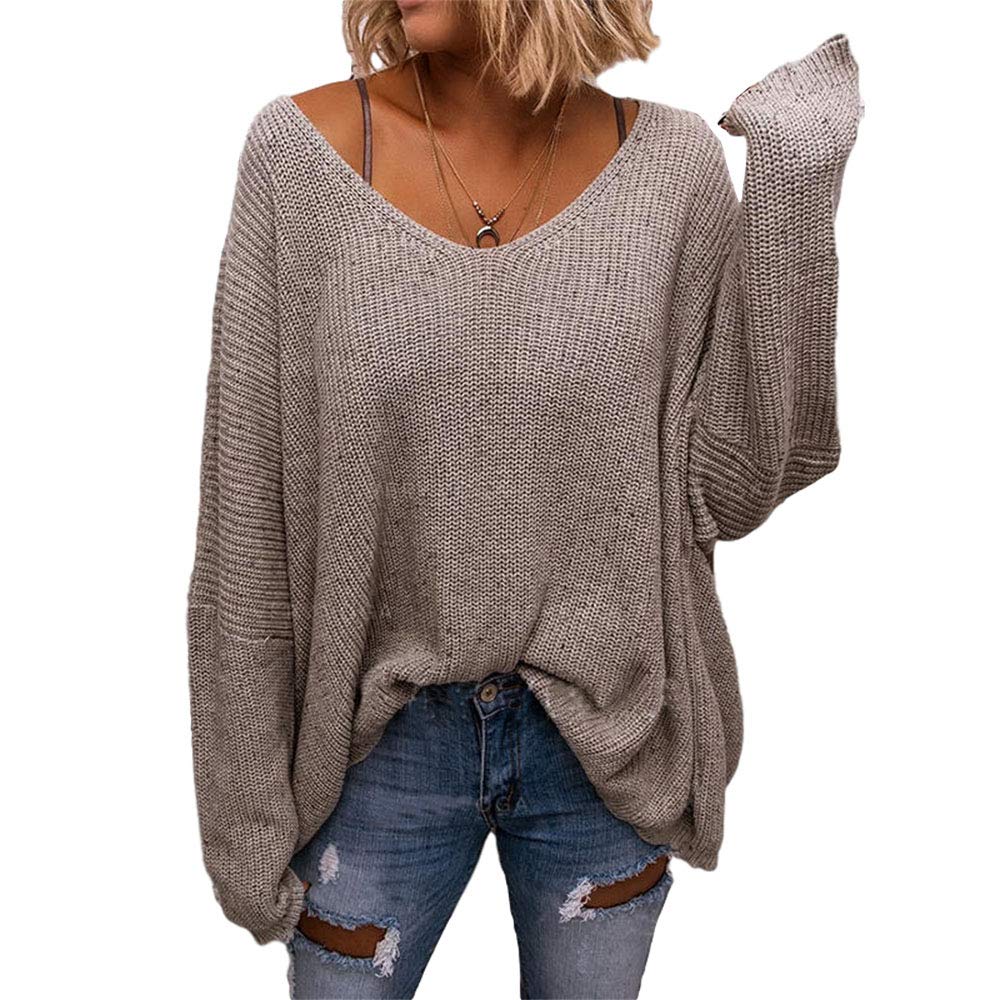 BZB Womens V Neck Long Sleeve Knit Loose Oversized Pullover Sweater Top