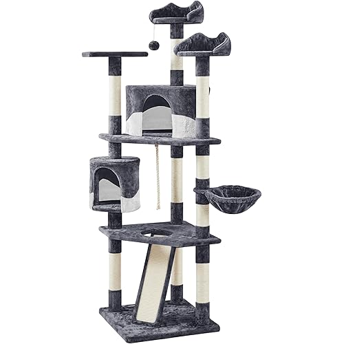 Yaheetech 79in Multi-Level Cat Trees Indoor Cat Tower with Sisal-Covered Scratching Posts, Plush Perches and Condo for Kittens, Cats and Pets - Dark Gray and White