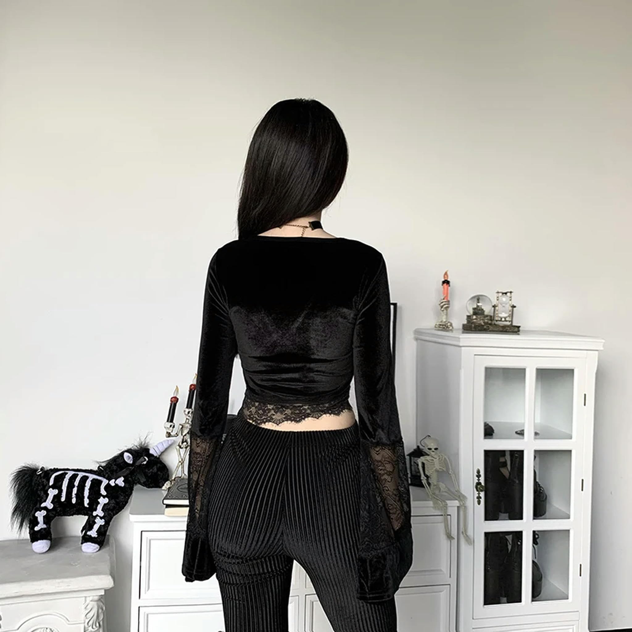 Blusa Elegante de Verano con Escote en V, Mangas Acampanadas, Encaje y Retazos, Cintura Alta, Color Negro, M