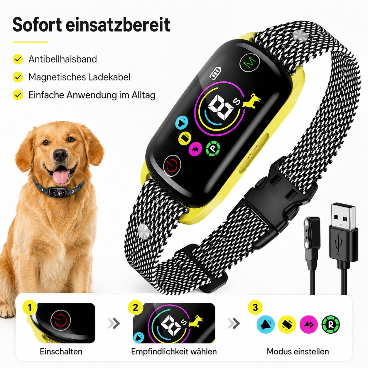 Antibellhalsband für Hunde mit Vibration & Ton, Automatisches Hundehalsband gegen Bellen, Farbdisplay, IP67, Magnetladung, Verstellbares Nylonband