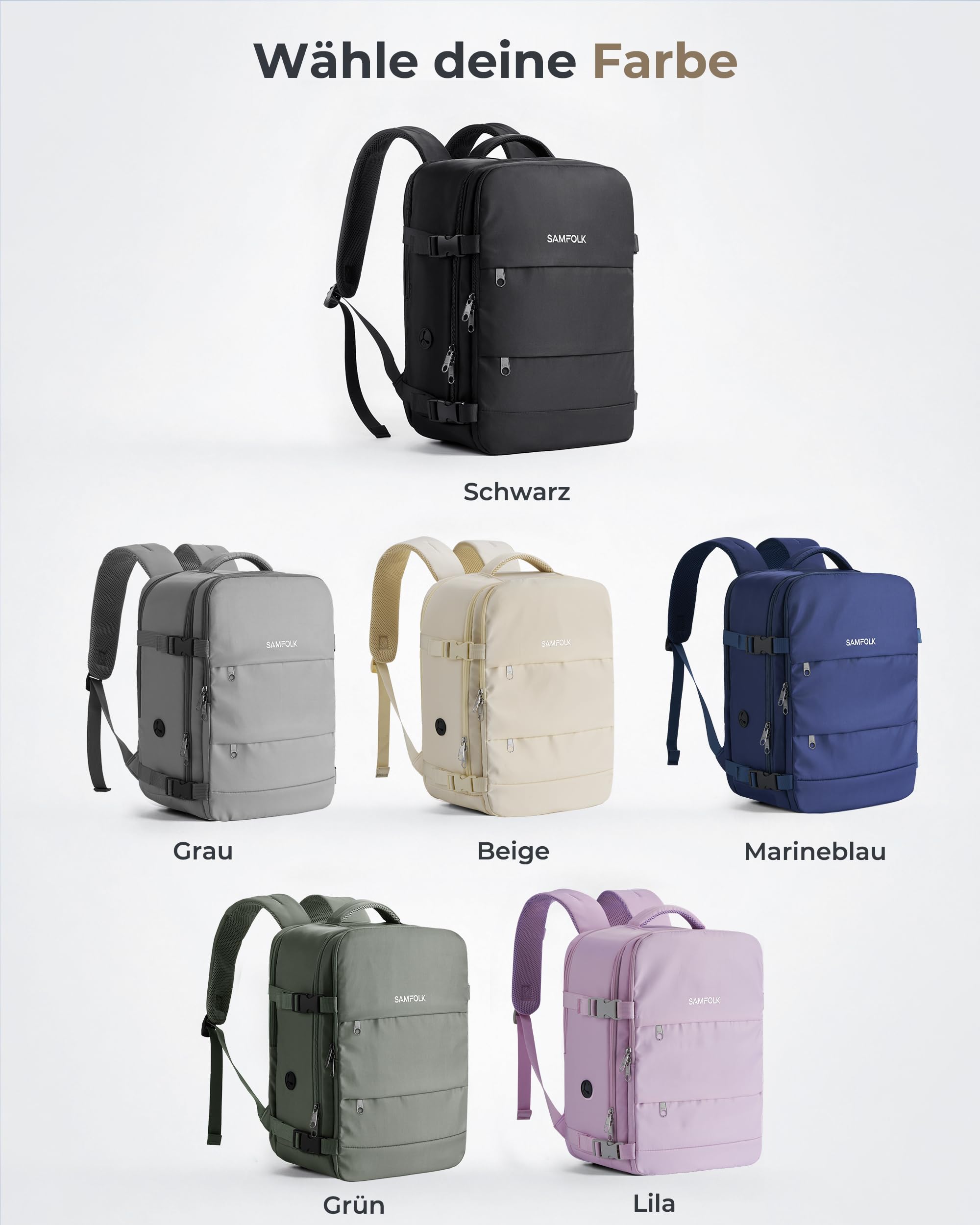 Samfolk Handgepäck Rucksack Ryanair Handgepäck 40x30x20 Travel Backpack 11 Taschen Carry On Bag Cabin Bags Mit Anti-Diebstahl-Tasche für Frauen & Männer Tragetasche Hand Luggage Backpack, 24L