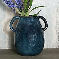 Tanvecle Blue Ceramic Vase with 2 Handles - 7 Inch Modern Farmhouse Rustic Terracotta Pottery, Waterproof Flower Vase for Dining Table Centerpiece