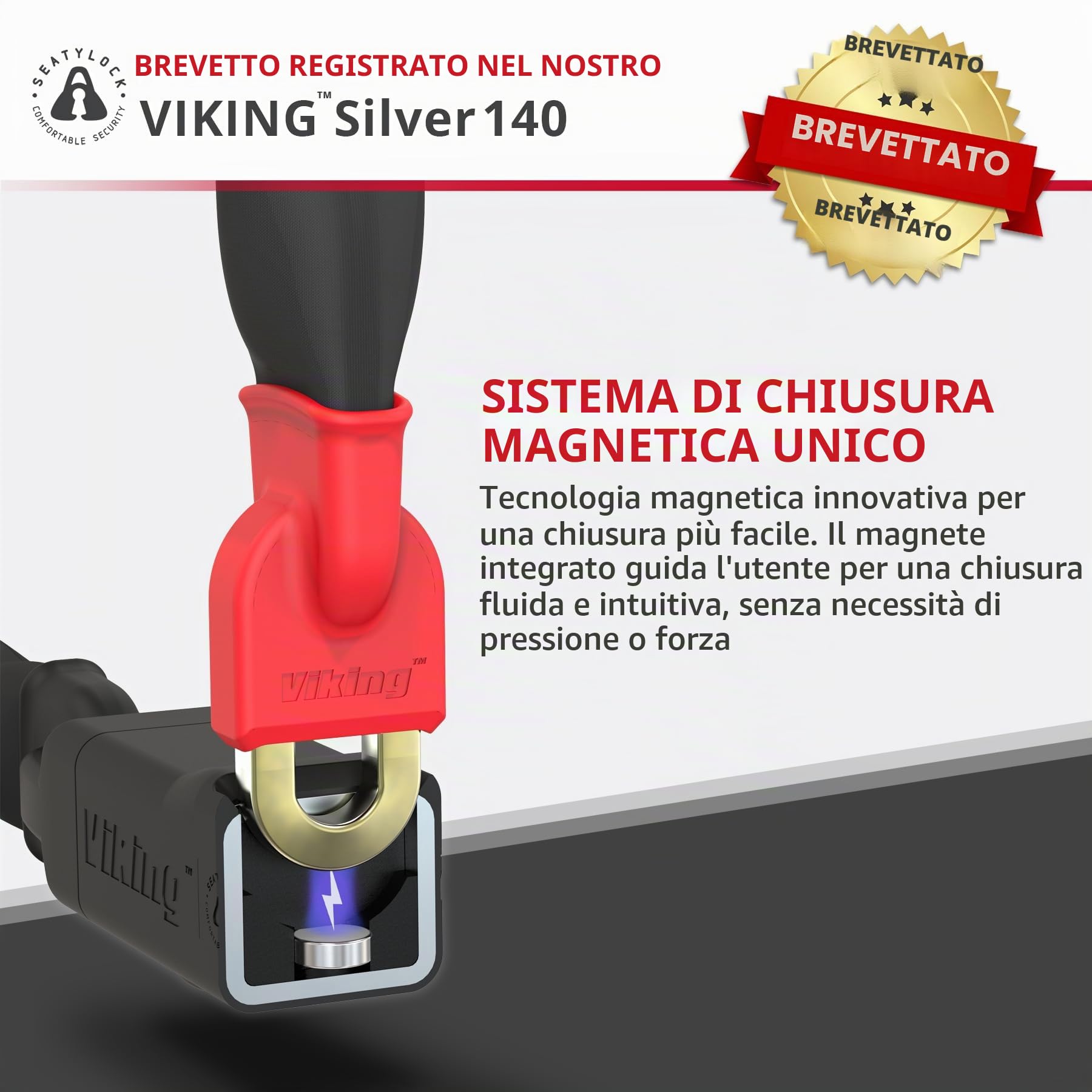 Seatylock Viking - Catena con lucchetto per bicicletta con chiave, antifurto brevettato, per mountain bike o bici elettriche (140 cm, colore argento)