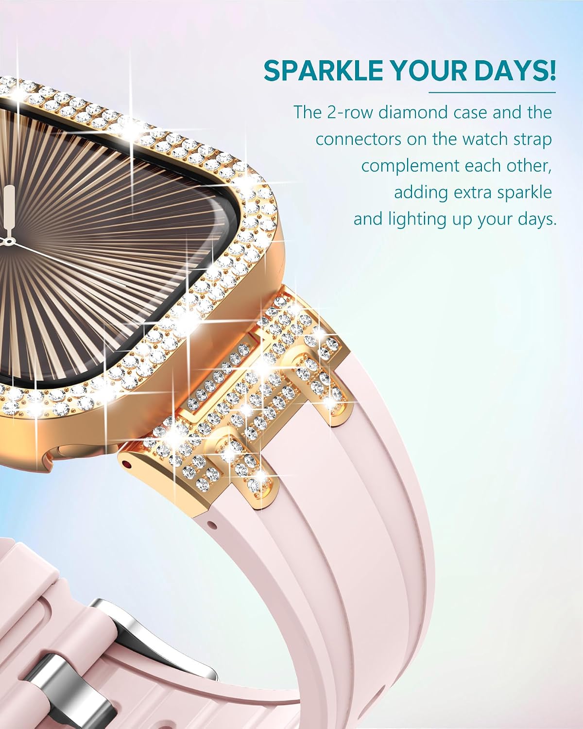 NewWays for Apple Watch Band with Case Women Luxury Designer, Bling 2-Row Diamonds Case Silicone Band with Metal Adapters for Series 11 10 9 8 7 6 5 4 Bands