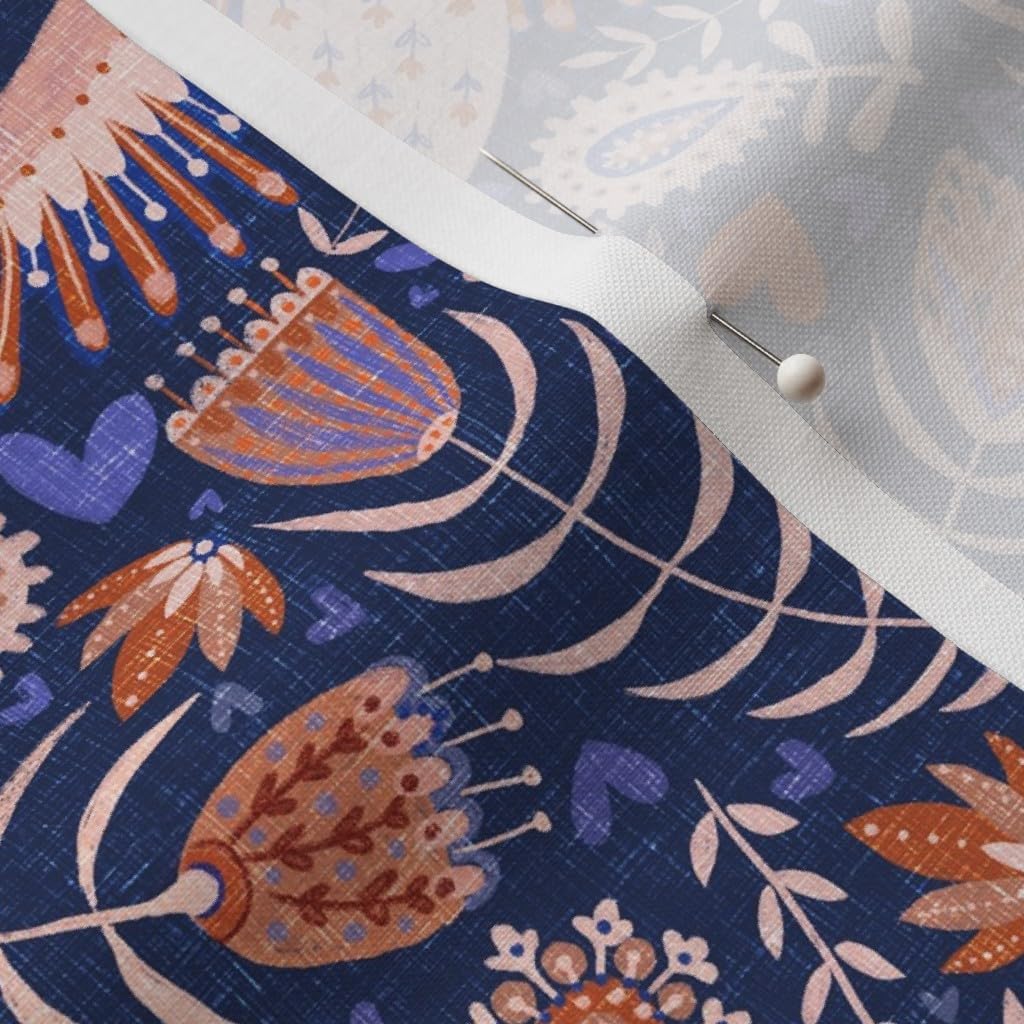 Spoonflower Fabric - Swedish Folk Art Birds Scandinavian Flowers Pattern Coral Blue Printed on Petal Signature Cotton Fabric by The Yard - Sewing Quilting Apparel Crafts Decor