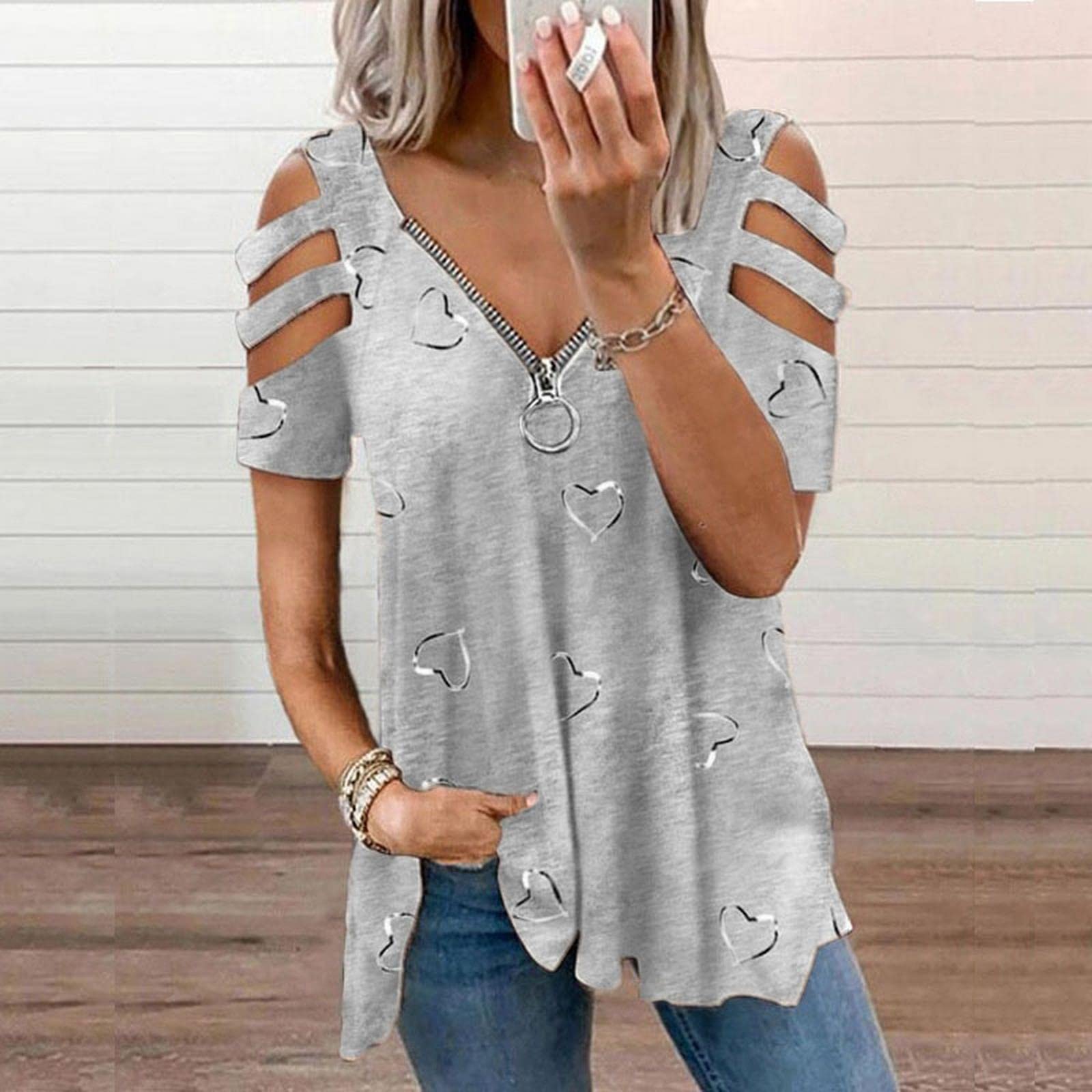 MOGSA T-shirt Estate Donna Oversize T-Shirt Cuore Stampa Spalla Aperta Manica Corta Top Femminile Plus Size Abbigliamento Donna
