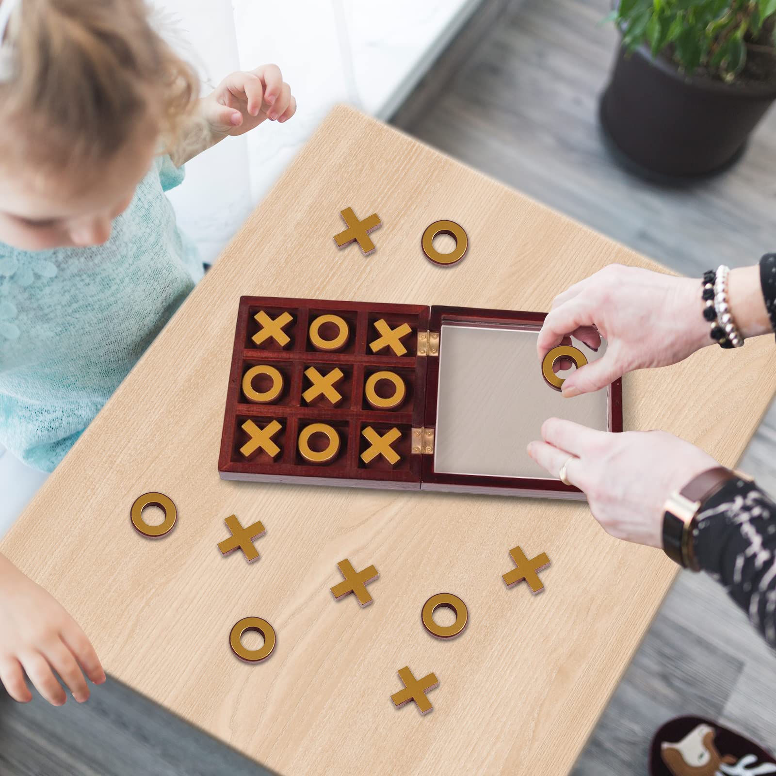 JISADER Wooden Tic Tac Toe Game - Classic Noughts and Crosses Coffee Table Decor Strategy Board Game for Families and Kids - Image 3