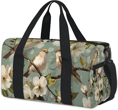Gym Bag for Women Men Cute Bird Weekender Overnight Workout Travel Duffle Sports Tote White Flower Waterproof Foldable Sports Bag