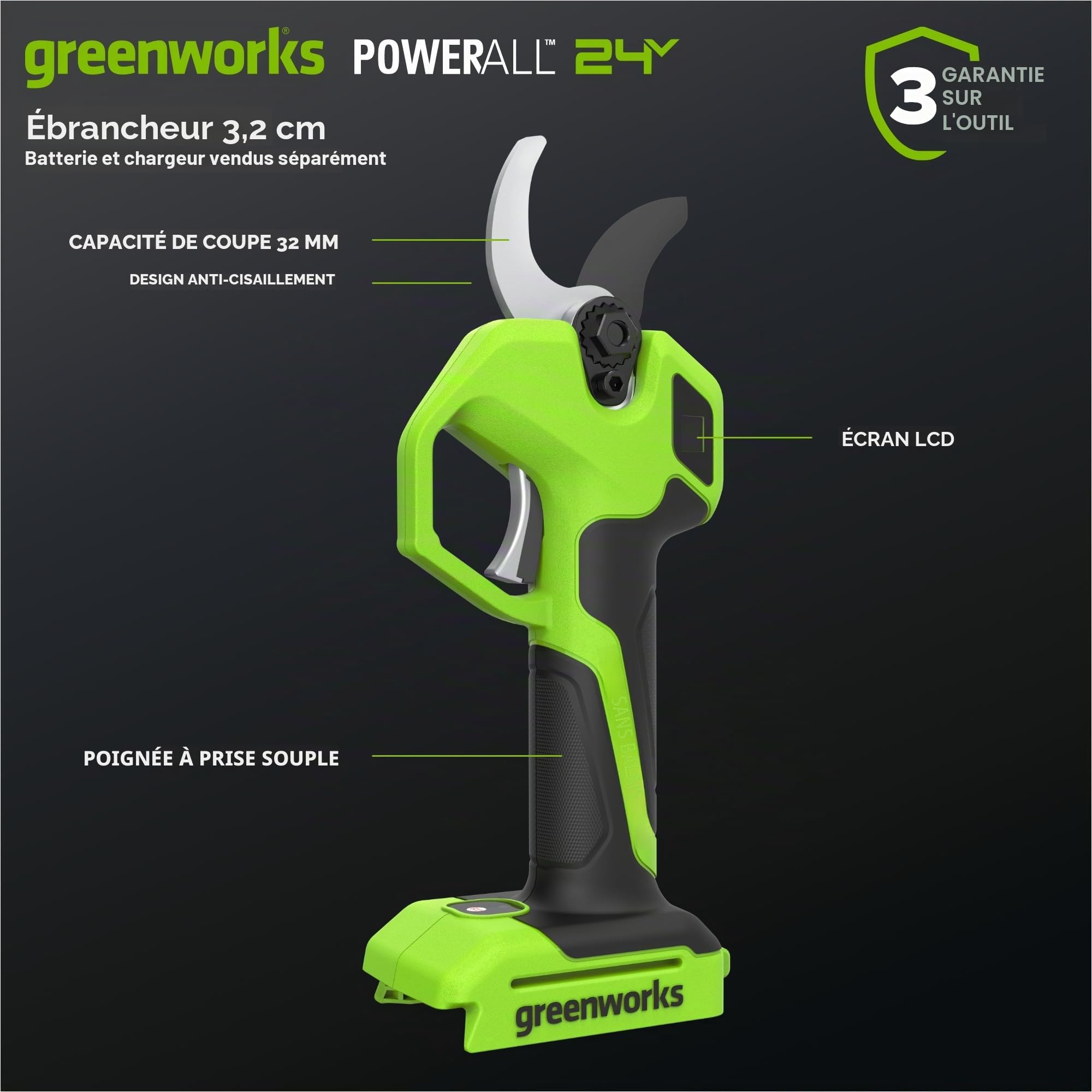 Greenworks Sécateur Électrique 24V Outil Seul, Moteur Brushless, Lames Acier Laser, Ouverture Réglable 22/32 mm, Écran LED, Sécateur Batterie LP1212A1