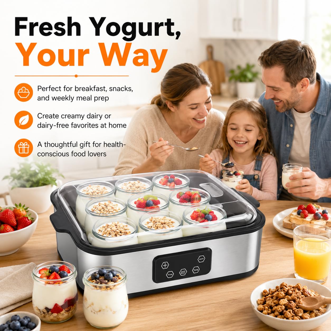 Yogurtera automática con 12 tarros - Máquina eléctrica para Hacer Yogur de 2160 ml, Control de Tiempo y Temperatura Ajustable de 48 Horas, para Postre de Yogur casero Fresco