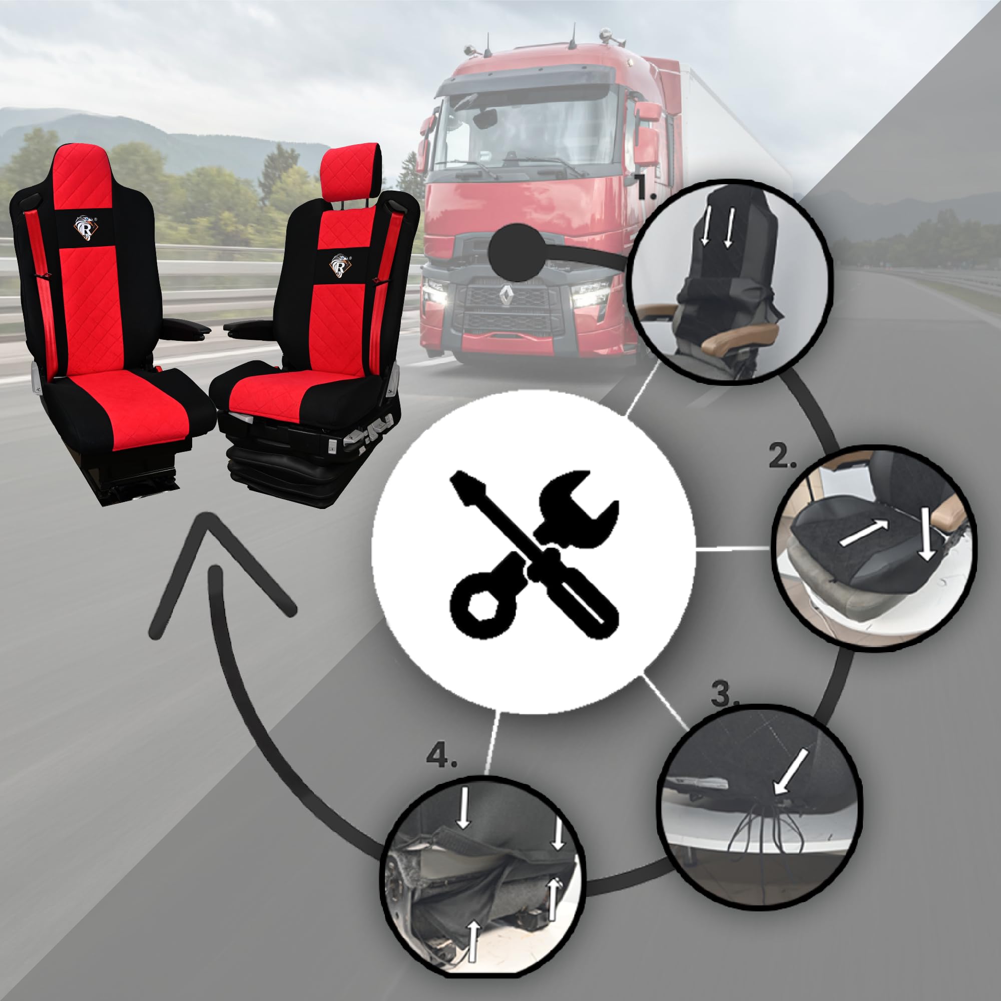 SABA Pokrowce na fotele dla Renault Gama T od 2014 kierowca z zagłówkiem, pasażer lotniczy 2 pasy Czerwony Akcesoria do ochraniaczy siedzeń ciężarówek - Ochrona przed brudem