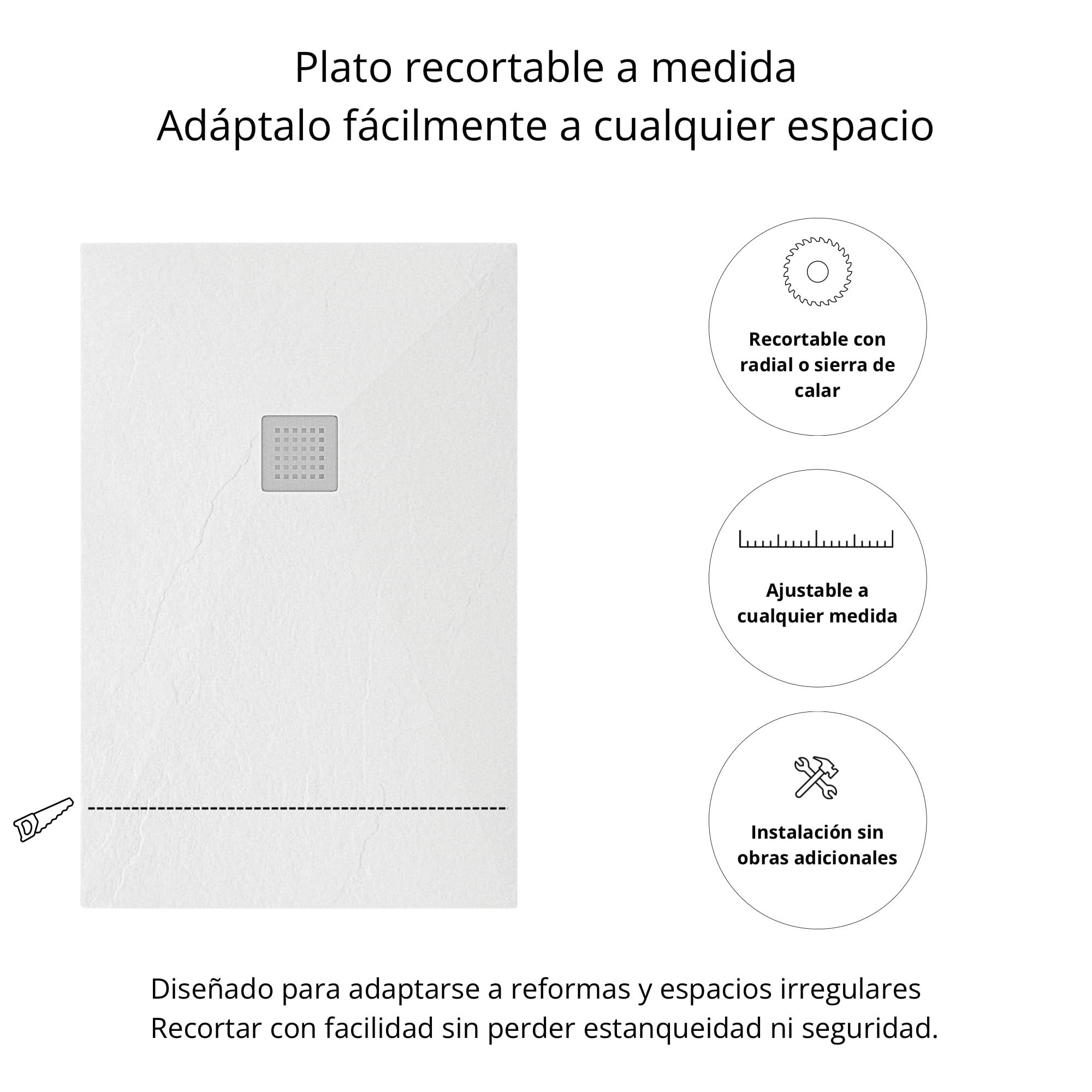 Plato de Ducha Napoles 70x150 cm - Blanco RAL 9003 - Plato Ducha Resina Antideslizante C3 - Resistente y Aligerado - Capa de Gel Coat Antibacteriano - Incluye Rejilla Acero y Válvula