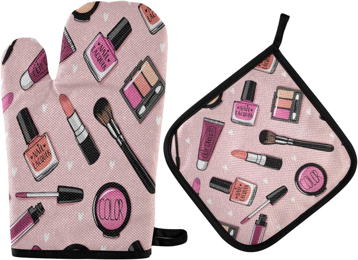 N/E RXYY Roze Cosmetica Hart Patroon Oven Mitts Gewatteerde Katoen Voering Potholders BBQ Handschoenen-Oven Mitts en Pot Houders Hittebestendige Keuken Handschoenen Safe Matten voor Bakken Koken