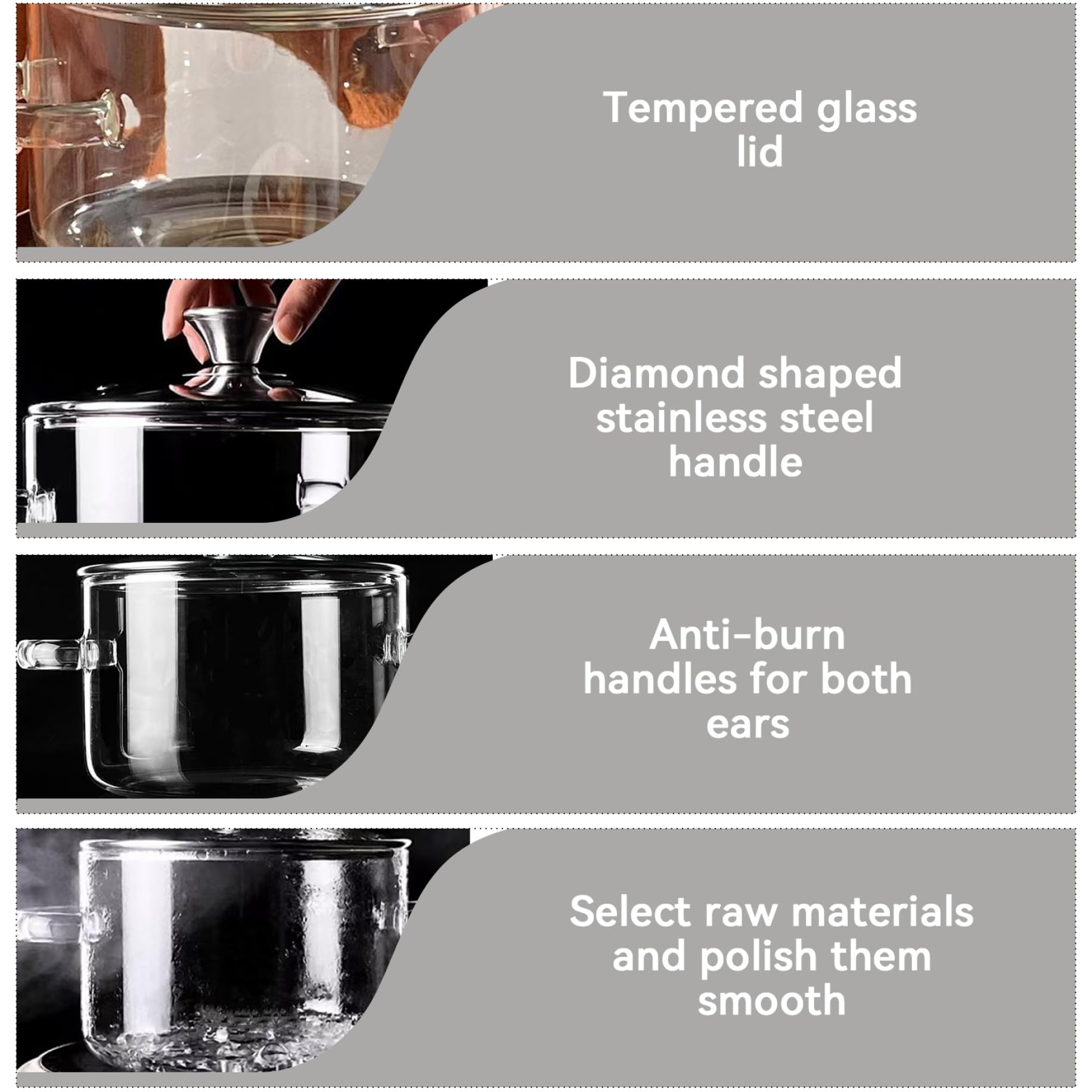 Pentole in vetro per cucinare sul fornello, pentola in vetro trasparente per cuocere a fuoco lento, pentole grandi da 3, 5 litri, pentola sicura borosilicato con manici antiscottatura a doppio orec