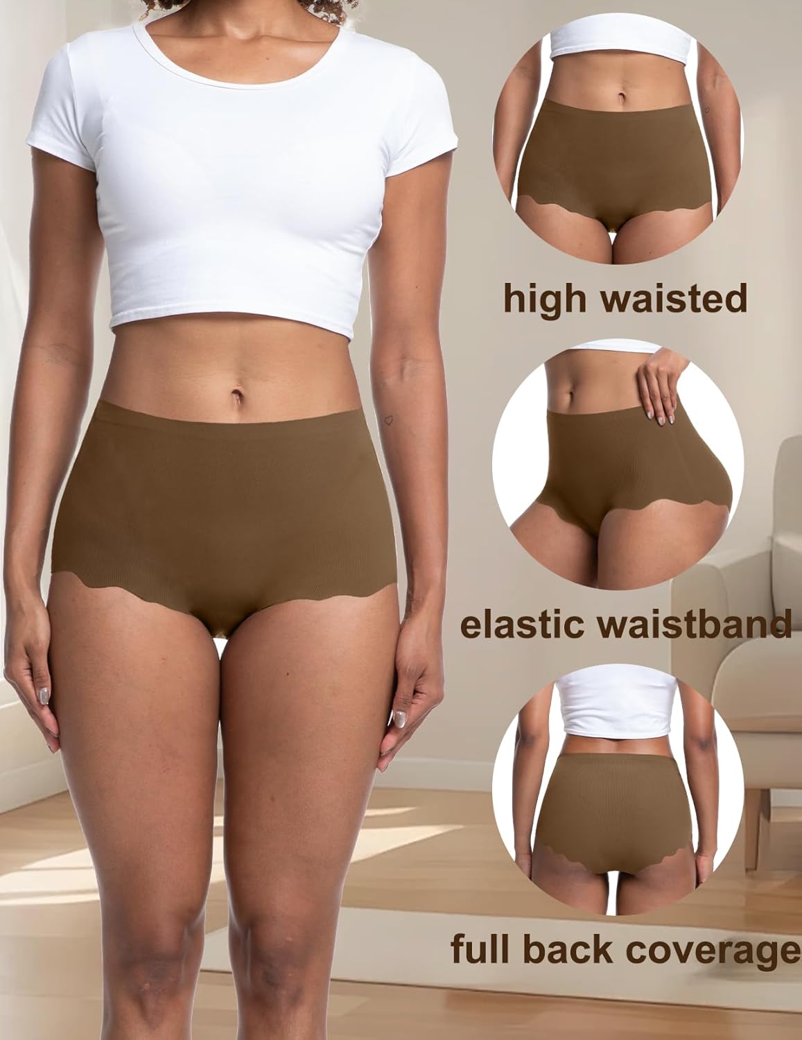 Seamless Underwear for Women No Show High Waisted Full Coverage Panties Wave Edge Briefs 6 Pack - Image 4