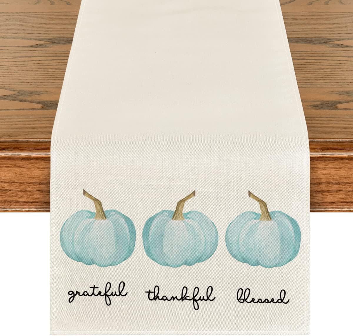 Artoid Mode Grateful Thankful Blessed Pumpkins Table Runner, Seasonal Fall Harvest Kitchen Dining Table Runners for Indoor Outdoor Home Party Decor 13 x 36 Inch