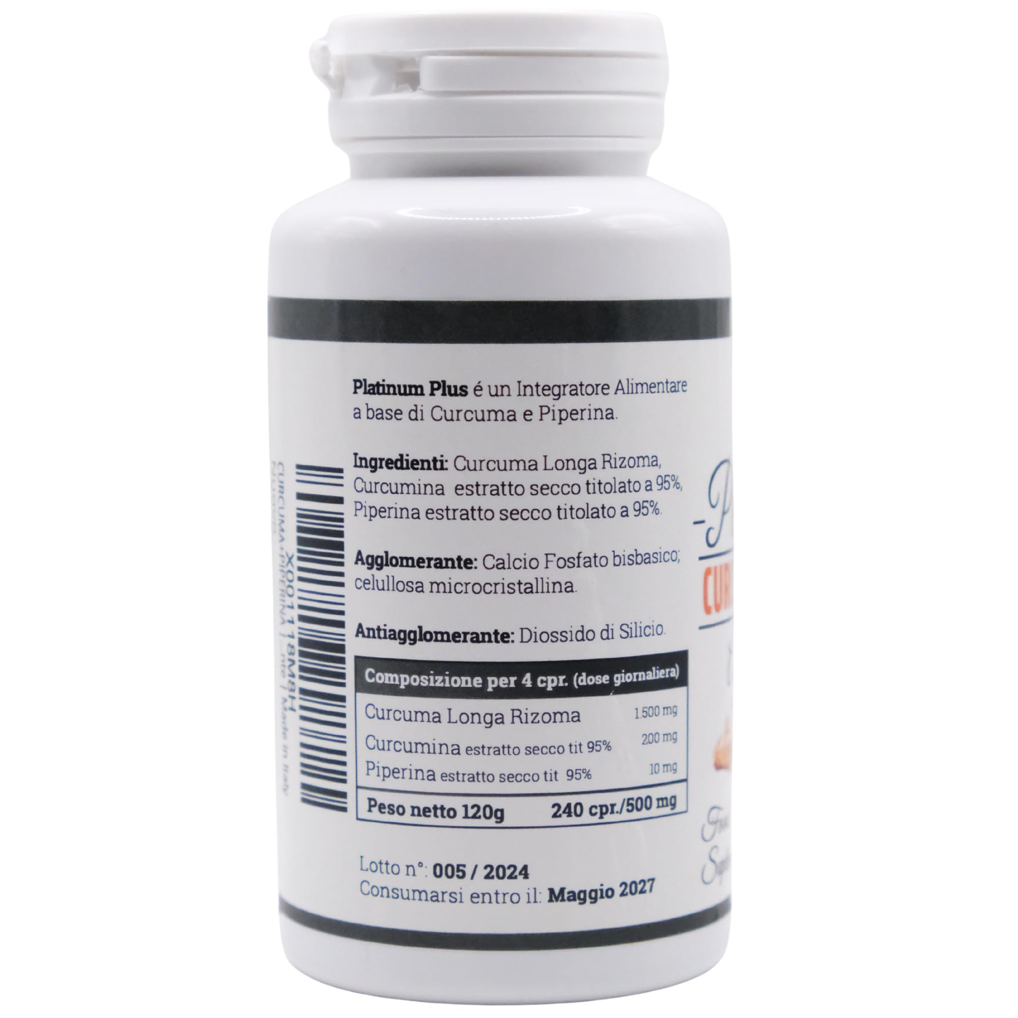 Curcuma + Piperina Platinum Plus - Curcumina Titolata ad Alto Dosaggio – 240 Compresse Naturali Made in Italy per il benessere quotidiano