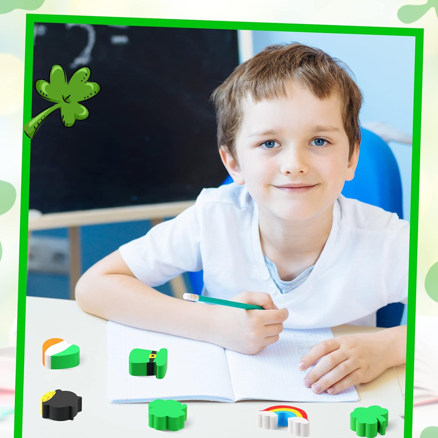 Gersoniel 240 Pieces St. Patrick's Mini Erasers for Kids Irish Shamrock Classroom Prizes School Cute Fun Puzzle Erasers Bulk Scented Pencil Toys for Party Supplies