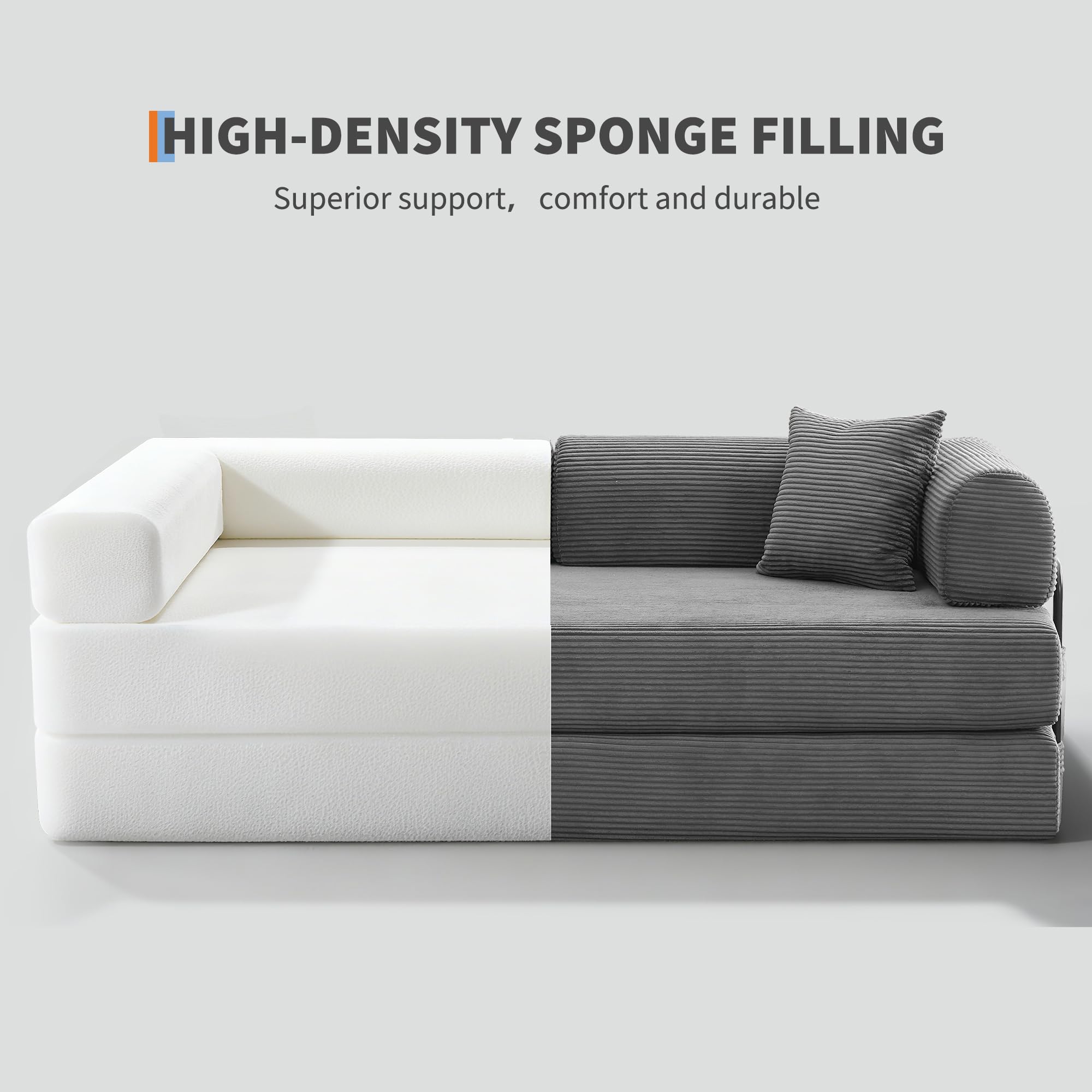 IDEALHOUSE 79" Convertible Futon Sofa Bed, Boneless Couch for Living Room | Folding Corduroy Sleeper Sofa, Modular Pull Out Couch with Pillows, Loveseat,No Assembly | Gray