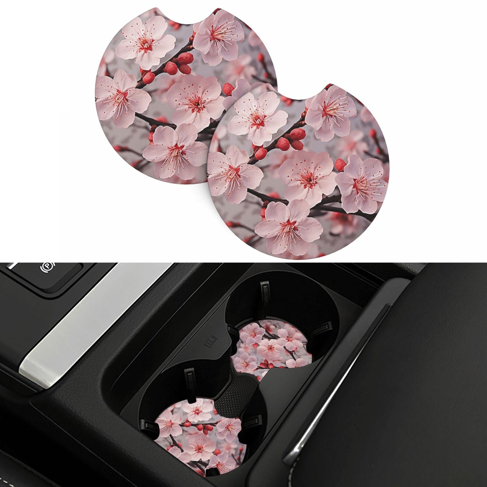 Pink Cherry Blossoms Car Coasters 2 Pcs, Universal Non-Slip Rubber Car Cup Holder for Cup Holders, 2.75 Inch Neoprene Cup Pad Mat Coaster Car Interior Accessories for Women Men
