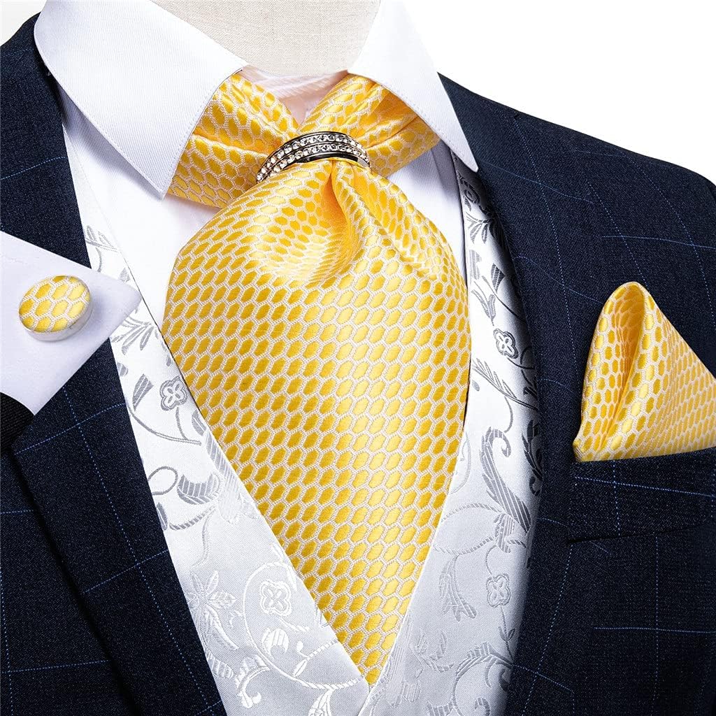 Men Yellow White Plaid Silk Cravat Wedding Formal Self British Style Neck Tie Accessorie (Color : Gold Ring, Size : One Size) (Silver Ring One Size)