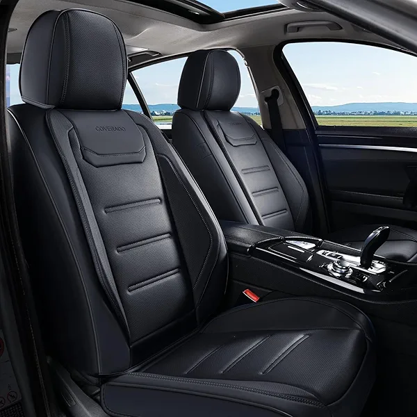 Coverado Car Seat Covers, Front Covers for Cars, Car Seat Cover Front Seats, Car Seat Protector Waterproof, Leather Car Seat Cushion, Universal Interior Covers Seat Protectors for Most Cars Black