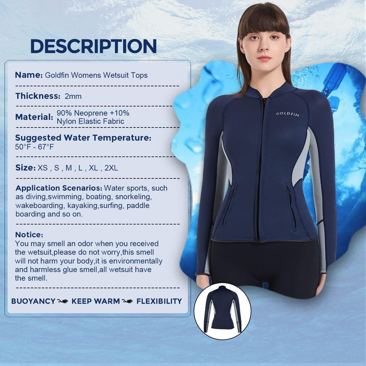 GoldFin Wetsuit Top Womens, 2mm Wetsuit Jacket Long Sleeve Neoprene Tops for Water Aerobics Diving Surfing Swimming : Sports & Outdoors