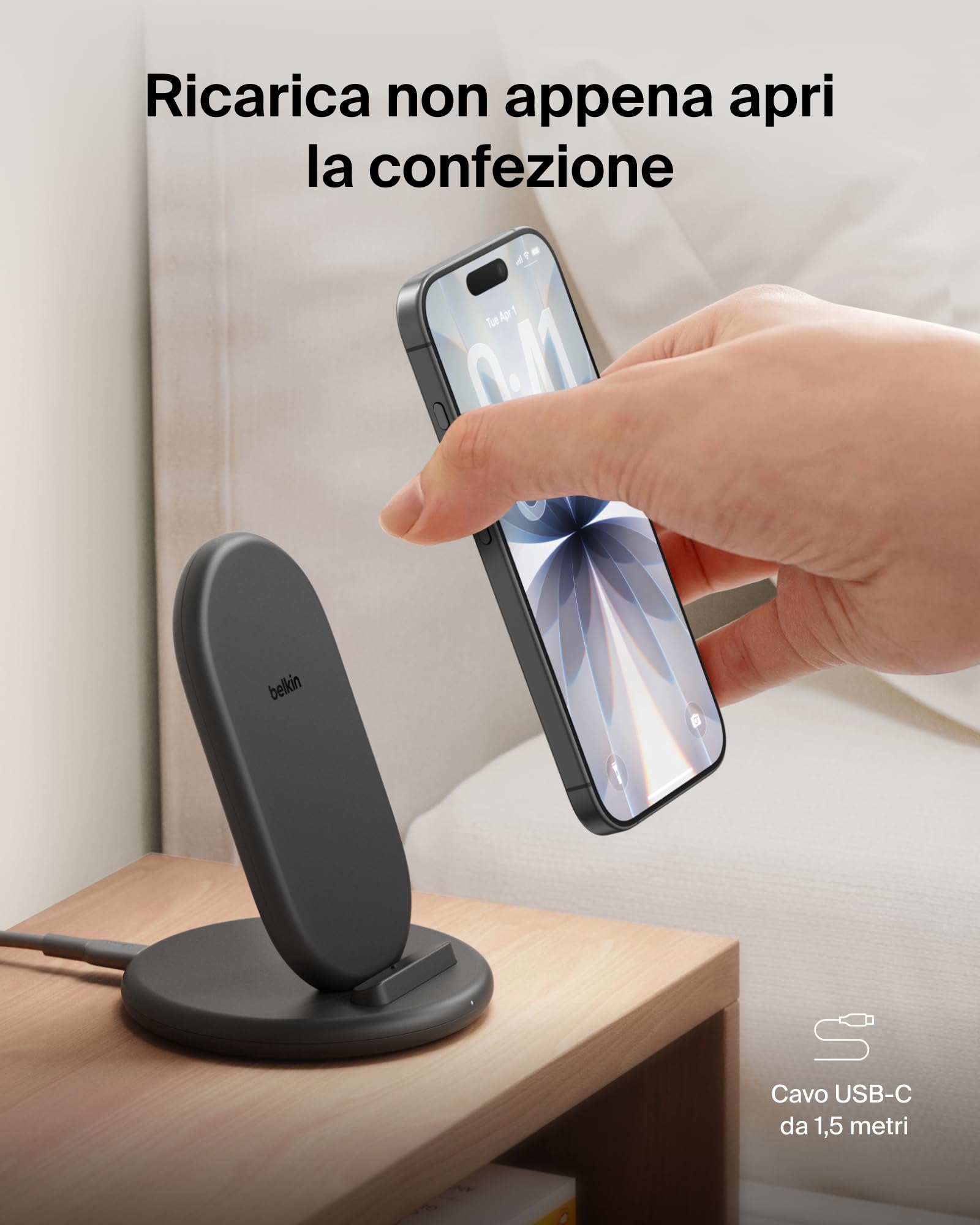 Belkin BoostCharge Caricatore Wireless, Supporto Ricarica Compatibile con Custodie per Telefono, Ricarica Wireless per iPhone, Samsung Galaxy, Google Pixel, Cavo Inclusi, Nero