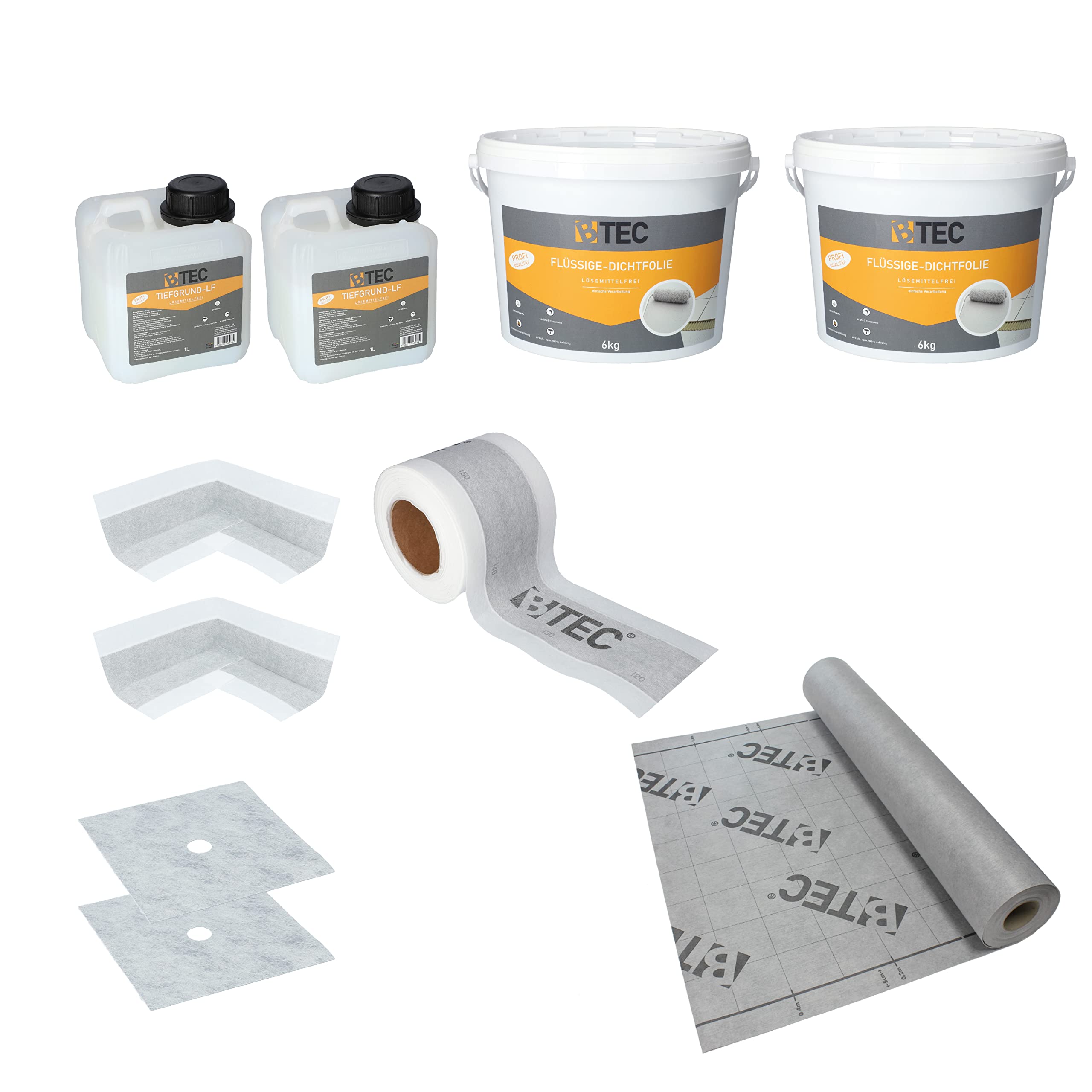 BTEC Dicht-Set 3B Dichtmaterialien Innenecken Wandmanschetten Tiefgrund | Abdichtungsbahn 12kg Flüssigdichtfolie Dichtband große Duschnische Standard Verbundabdichtung Innenbereich